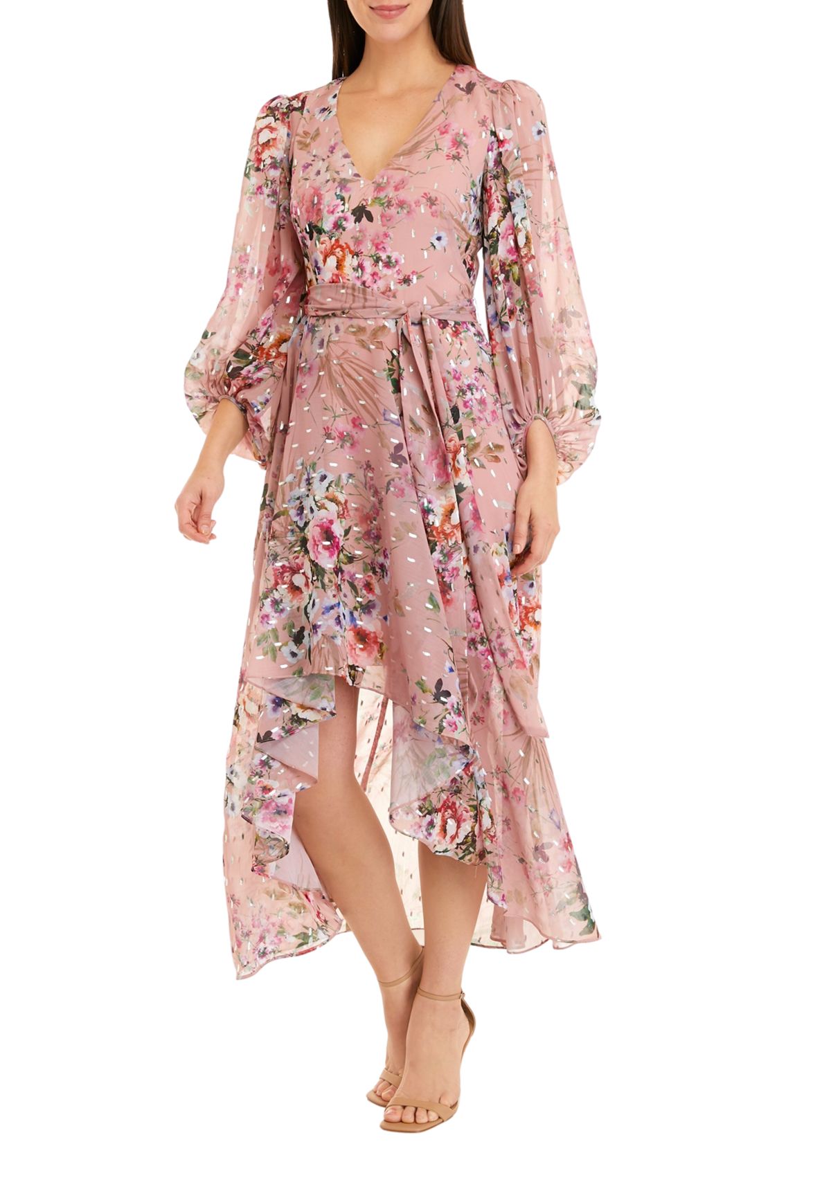Womens Long Sleeve Surplice Floral Foil Print Chiffon Dress 