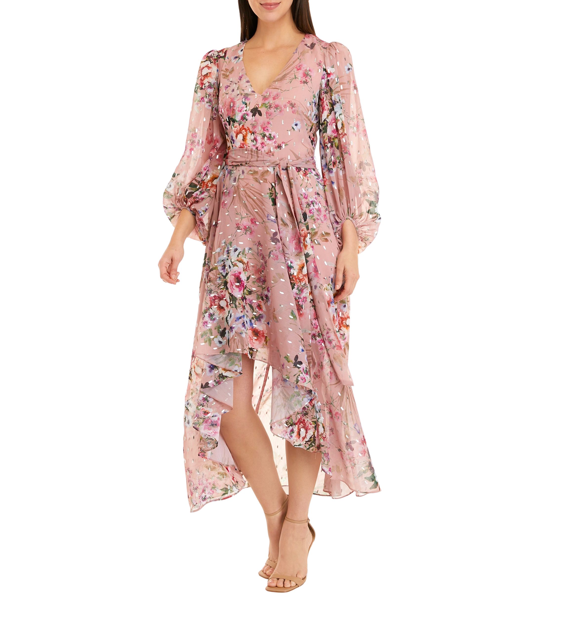 Womens Long Sleeve Surplice Floral Foil Print Chiffon Dress 