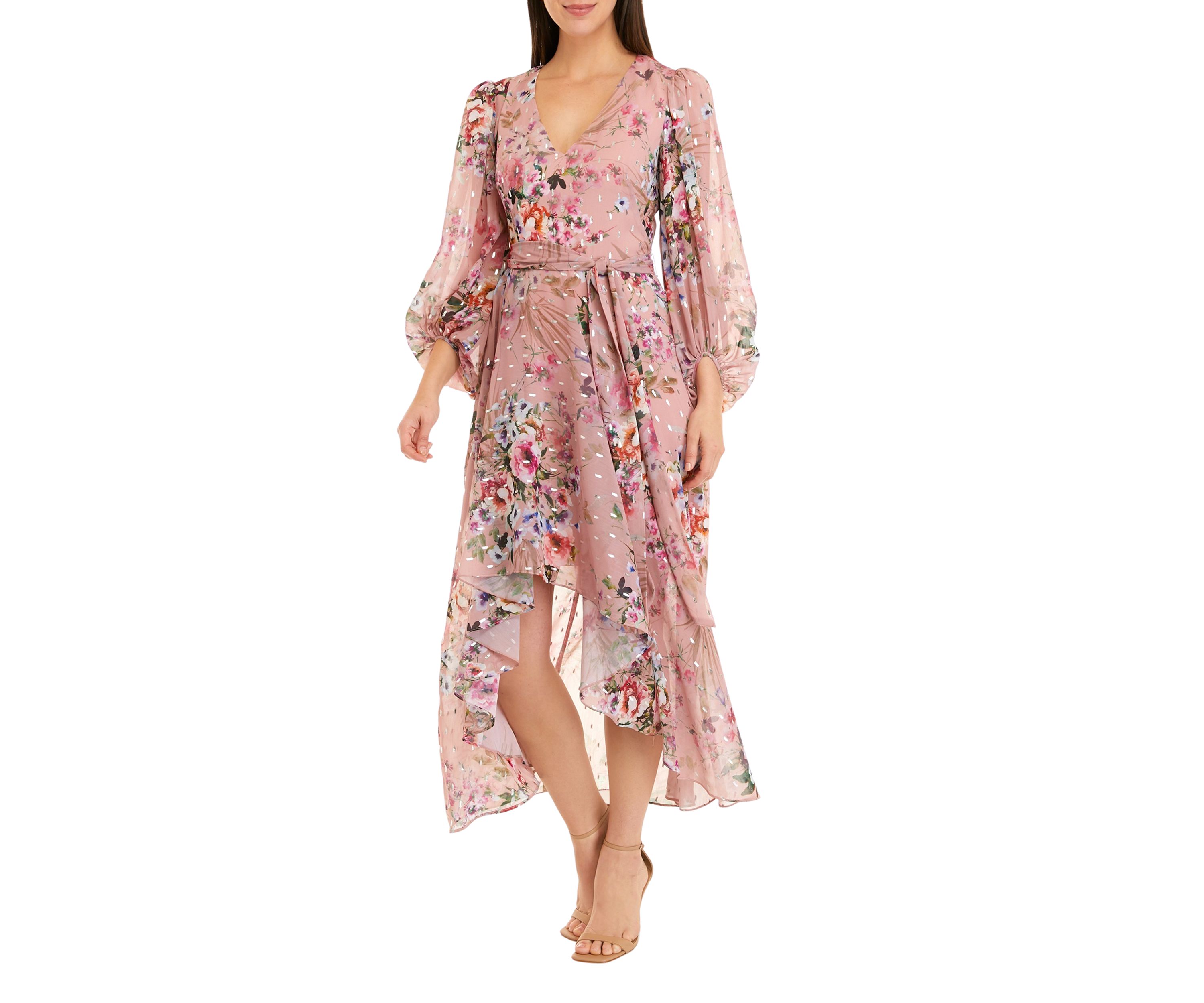 Womens Long Sleeve Surplice Floral Foil Print Chiffon Dress 