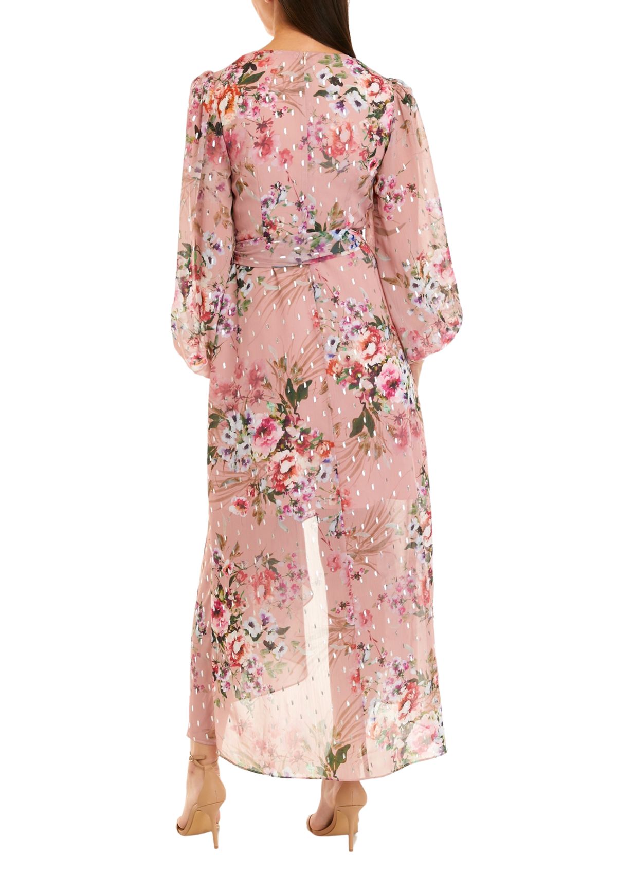 Womens Long Sleeve Surplice Floral Foil Print Chiffon Dress 