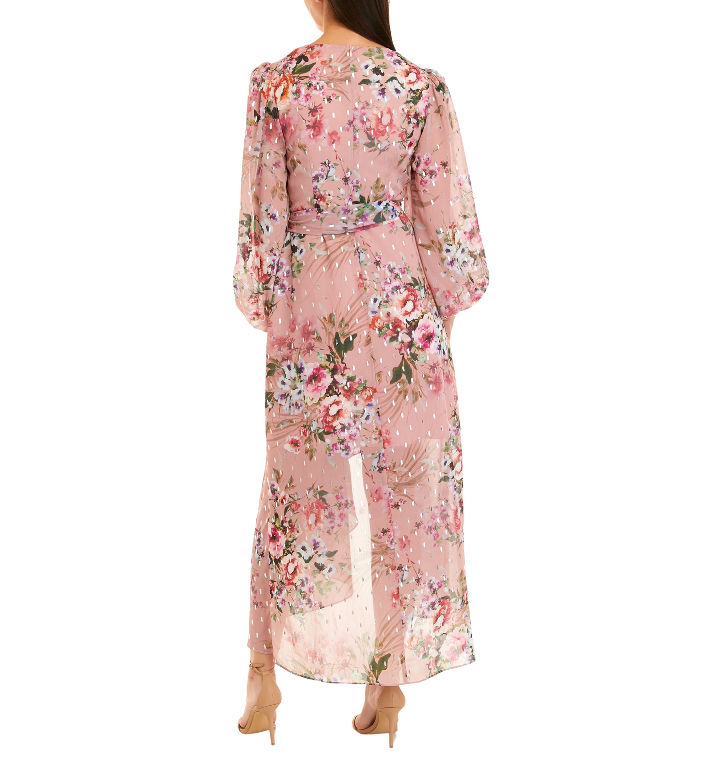 Womens Long Sleeve Surplice Floral Foil Print Chiffon Dress 
