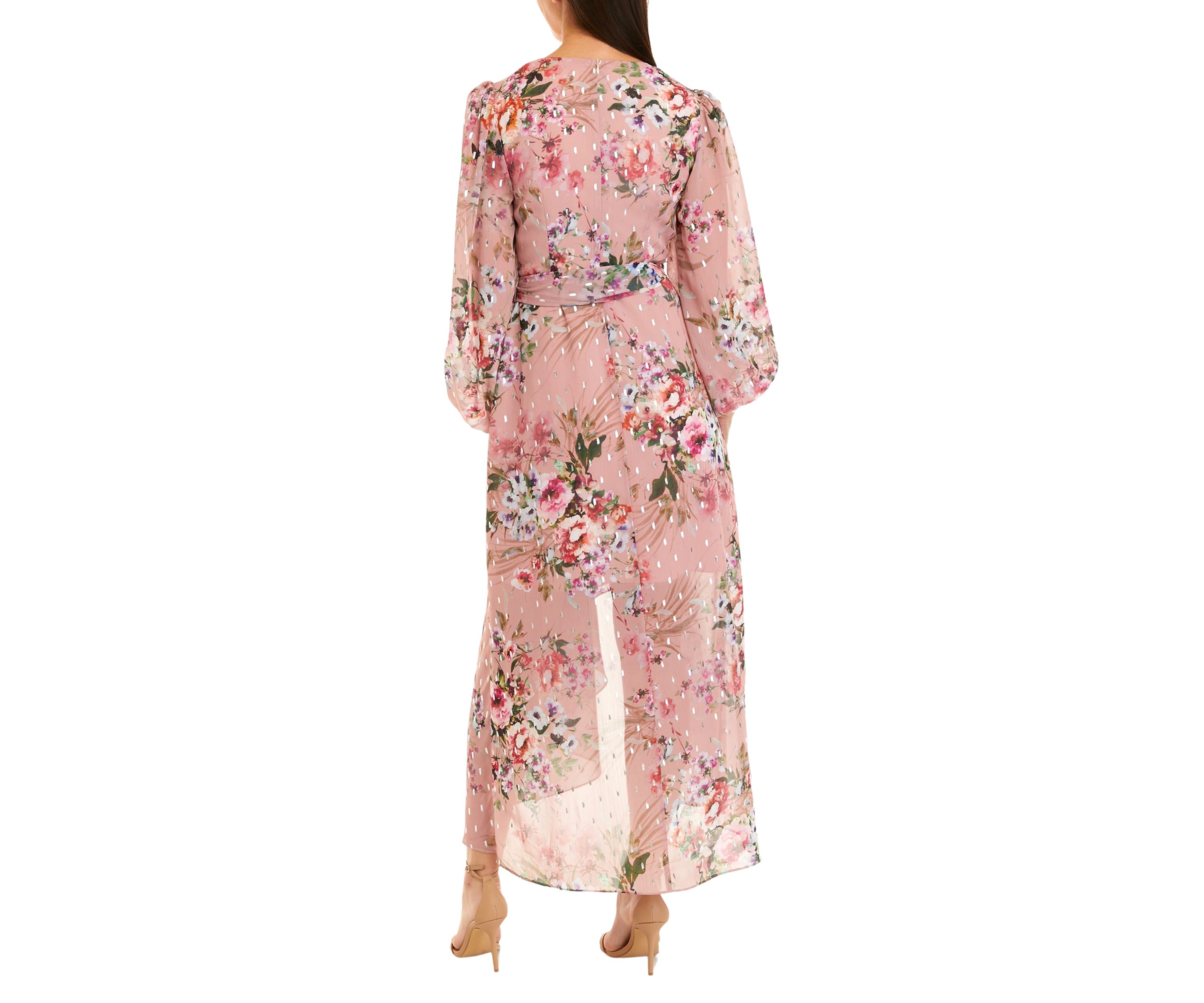 Womens Long Sleeve Surplice Floral Foil Print Chiffon Dress 
