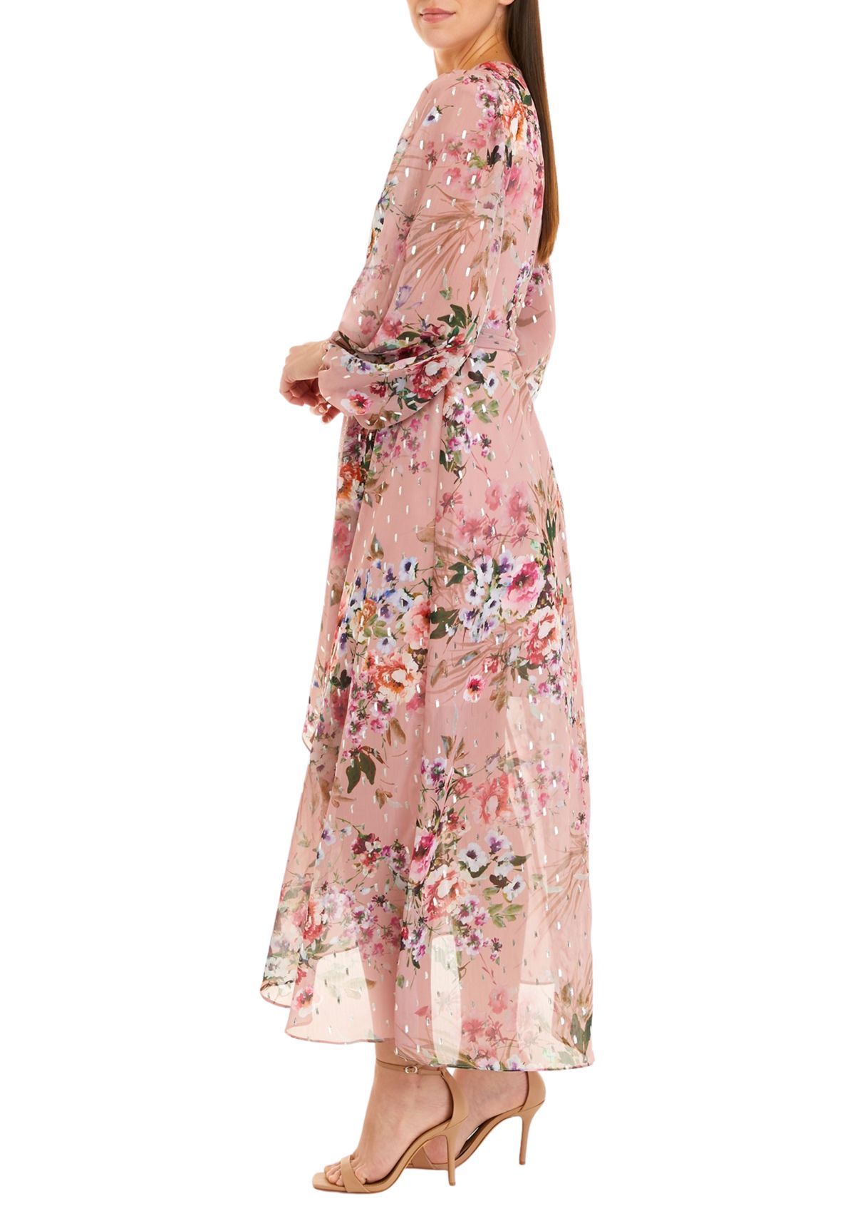 Womens Long Sleeve Surplice Floral Foil Print Chiffon Dress 