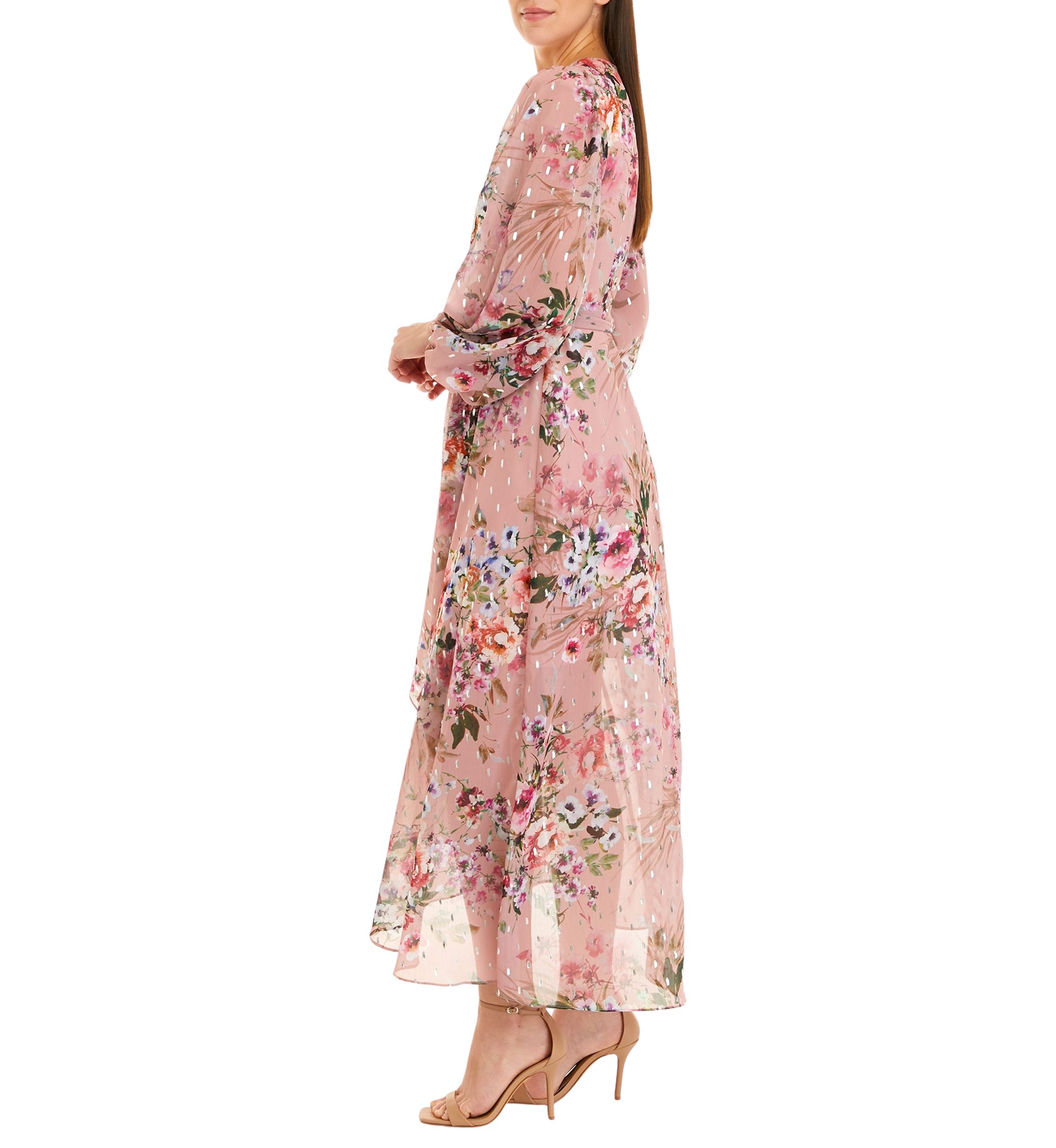Womens Long Sleeve Surplice Floral Foil Print Chiffon Dress 