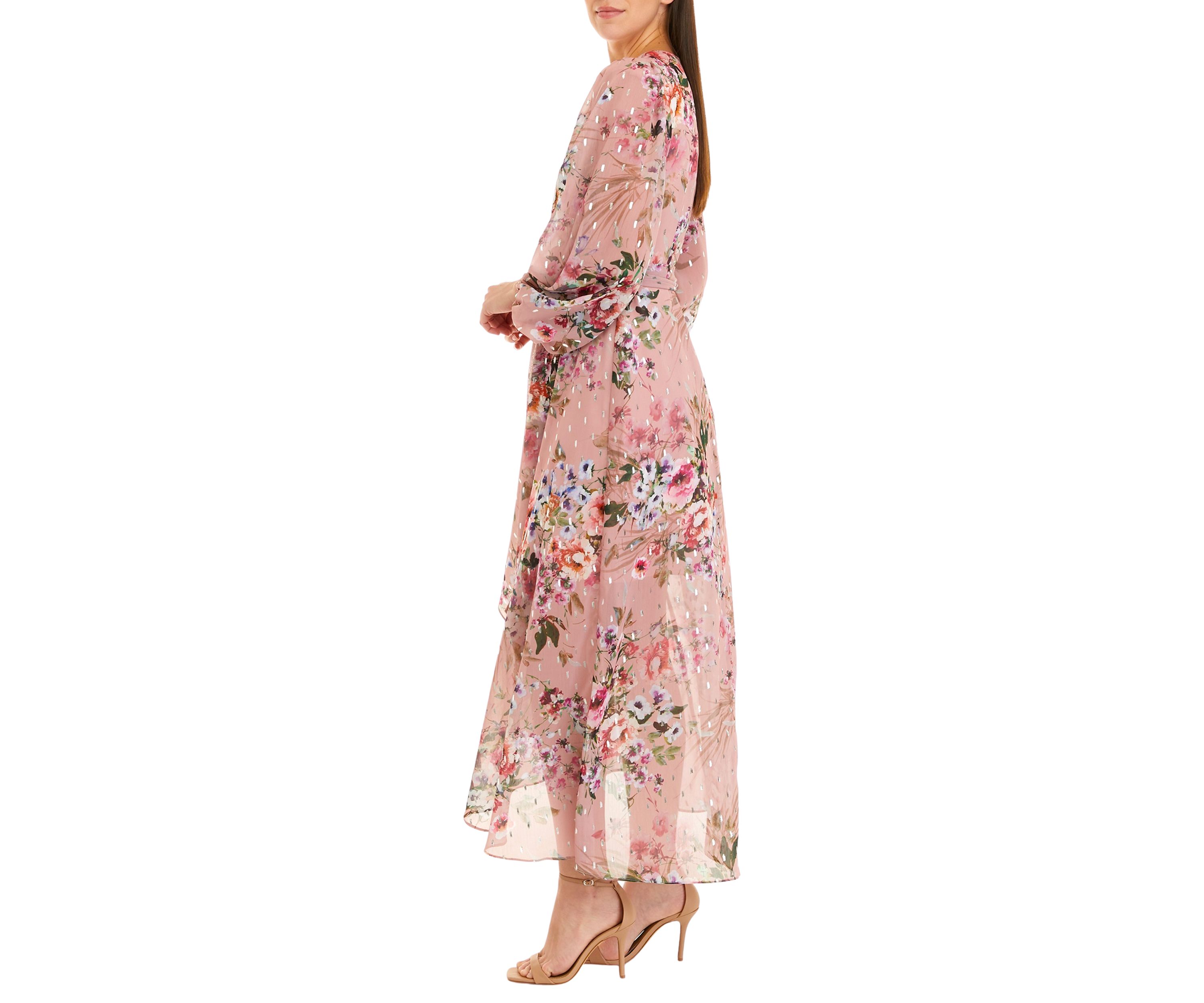 Womens Long Sleeve Surplice Floral Foil Print Chiffon Dress 