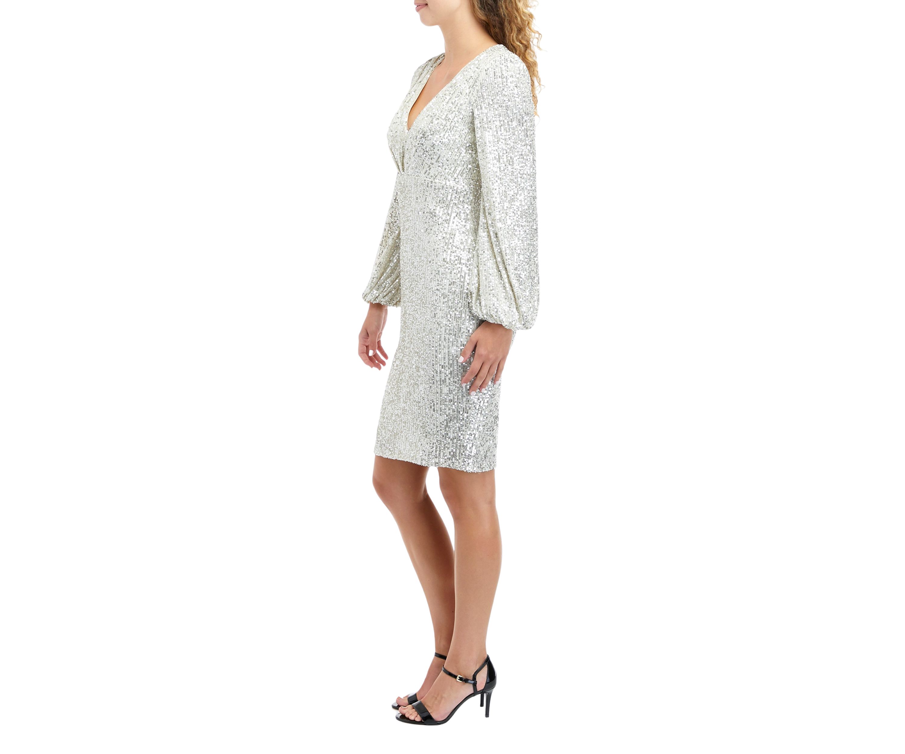 Womens Long Sleeve V-Neck Sequin Sheath Dress