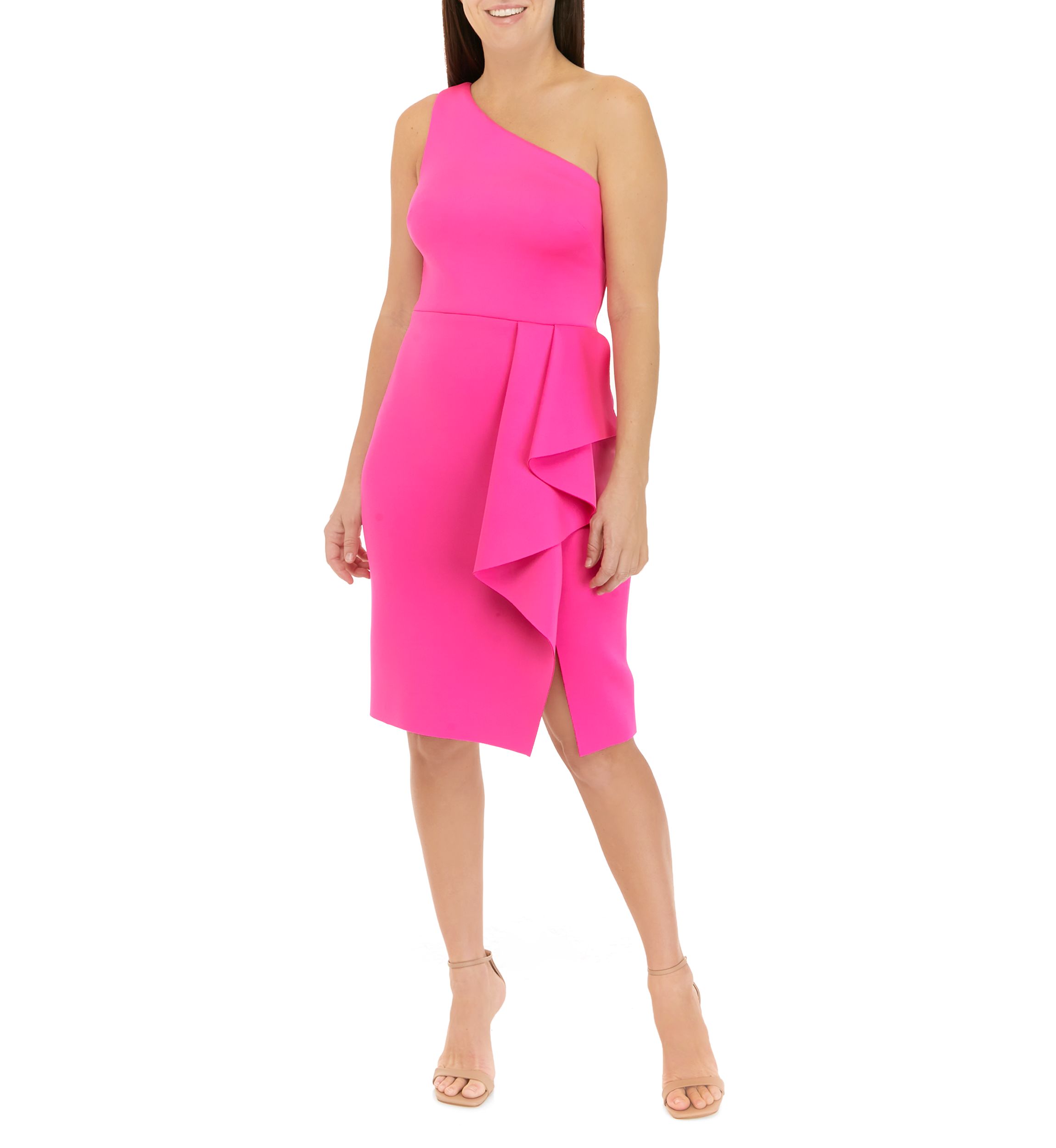 Womens Sleeveless One Shoulder Ruffle Solid Sheath Dress