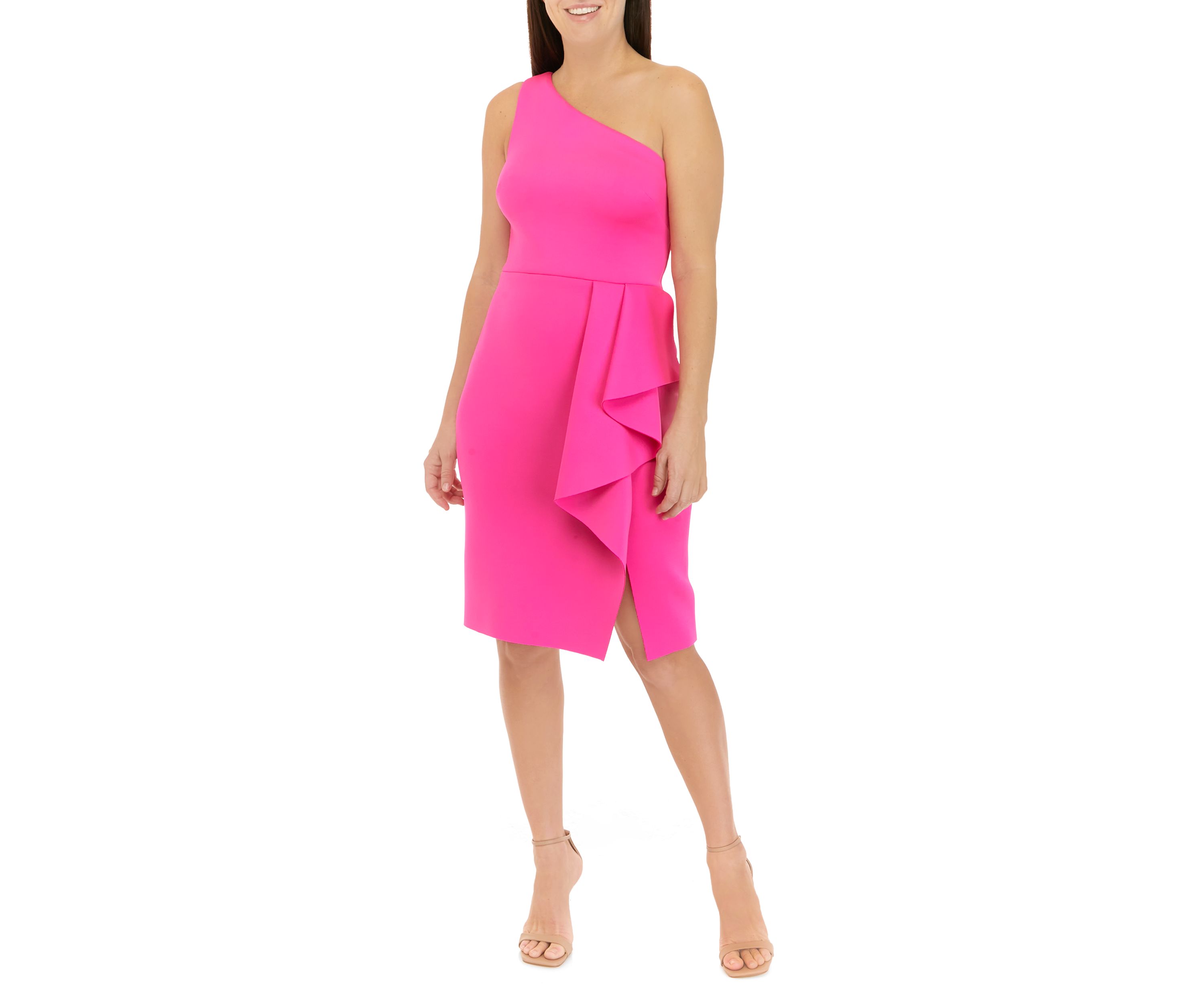 Womens Sleeveless One Shoulder Ruffle Solid Sheath Dress