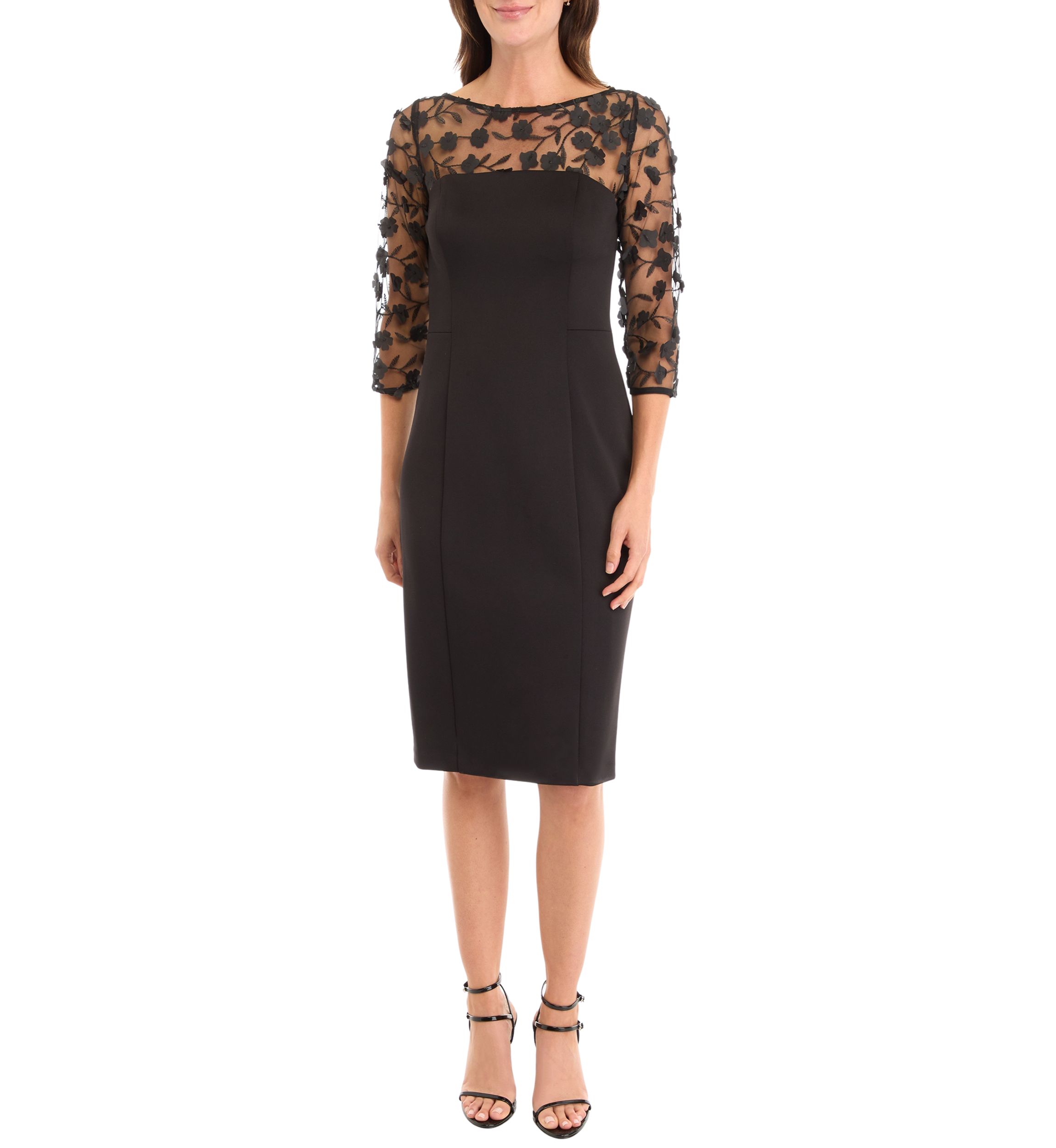 Womens 3/4 Mesh Floral Sleeve Sheath Dress