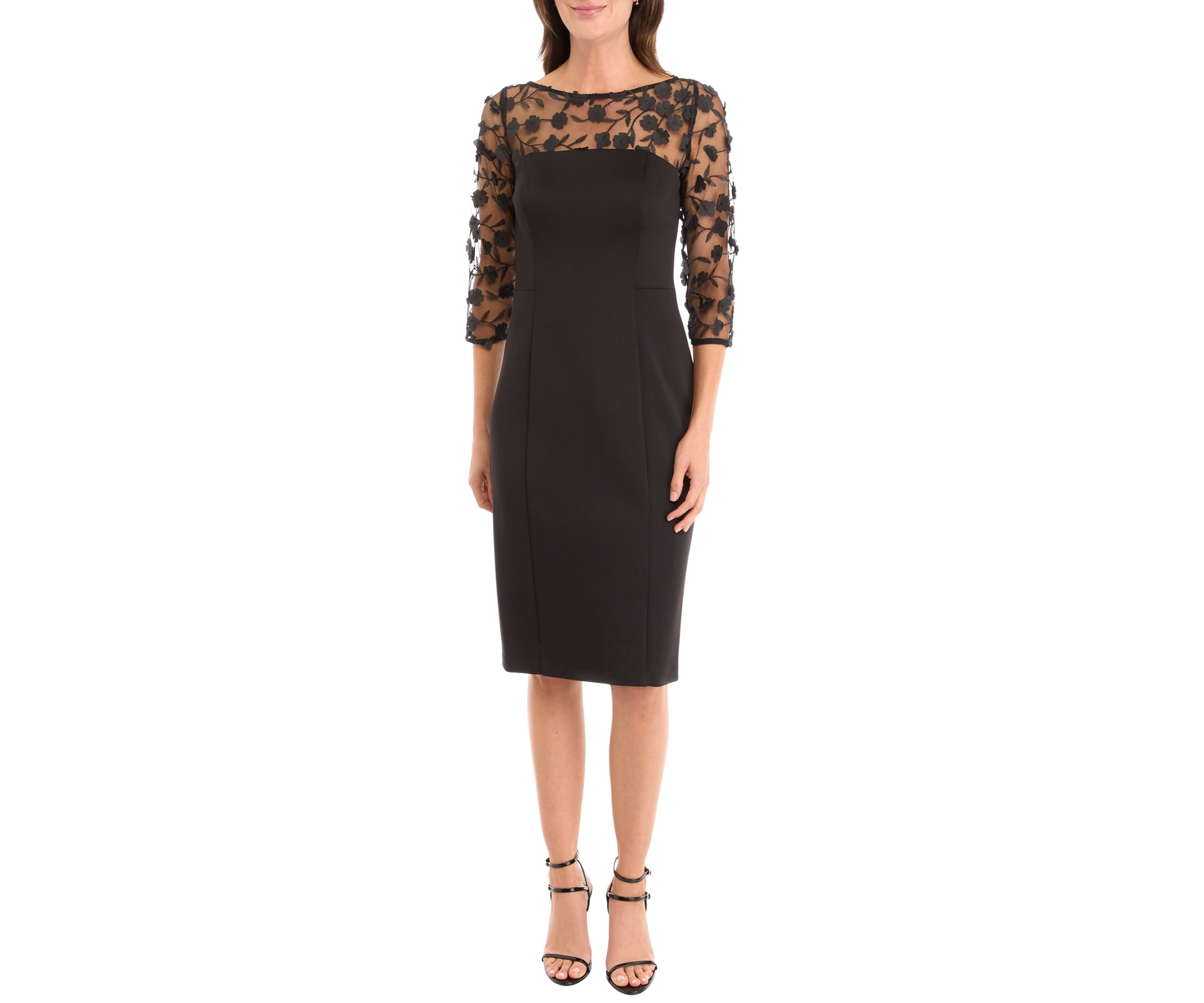 Womens 3/4 Mesh Floral Sleeve Sheath Dress