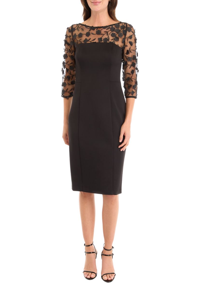 Womens 3/4 Mesh Floral Sleeve Sheath Dress