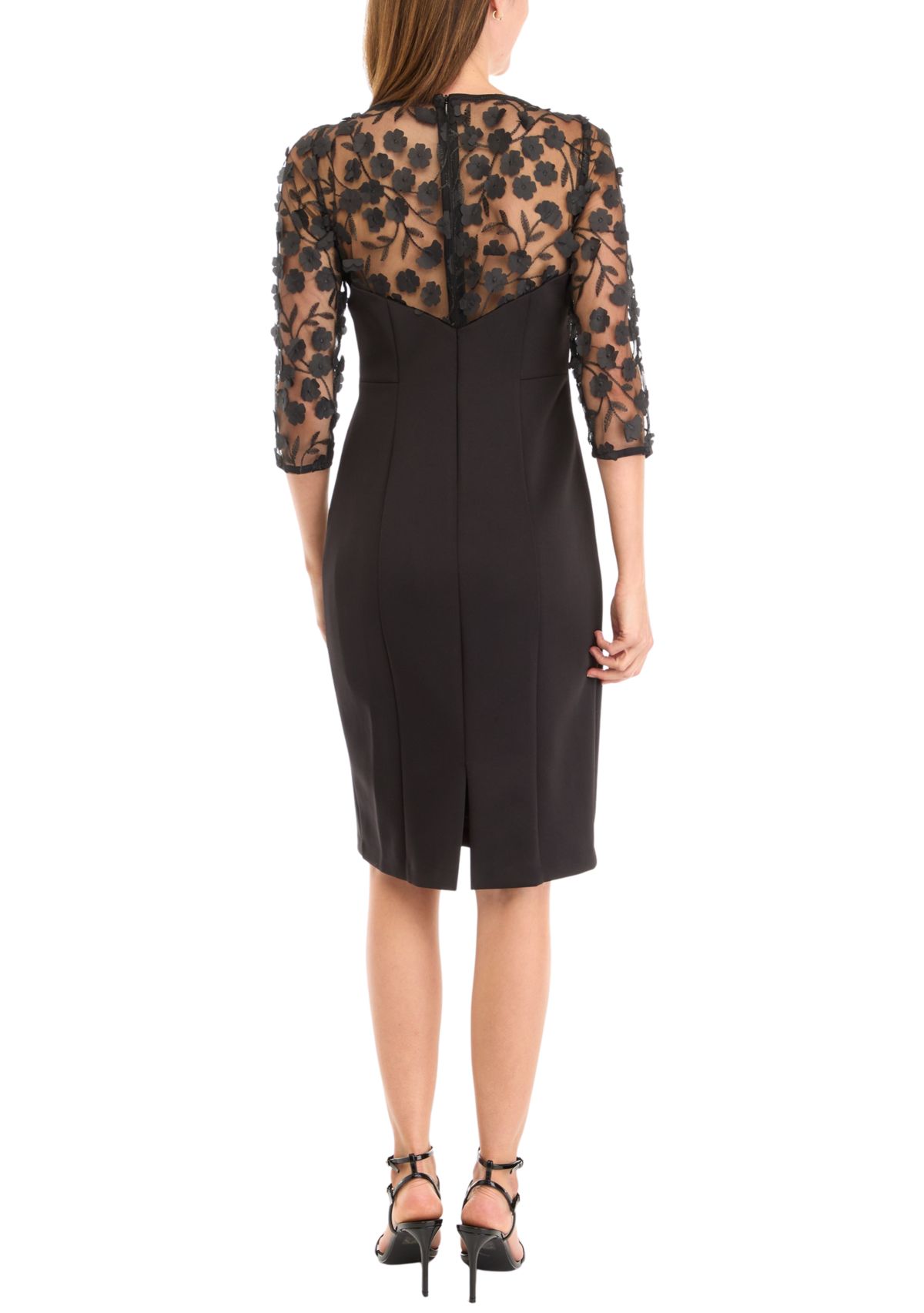 Womens 3/4 Mesh Floral Sleeve Sheath Dress