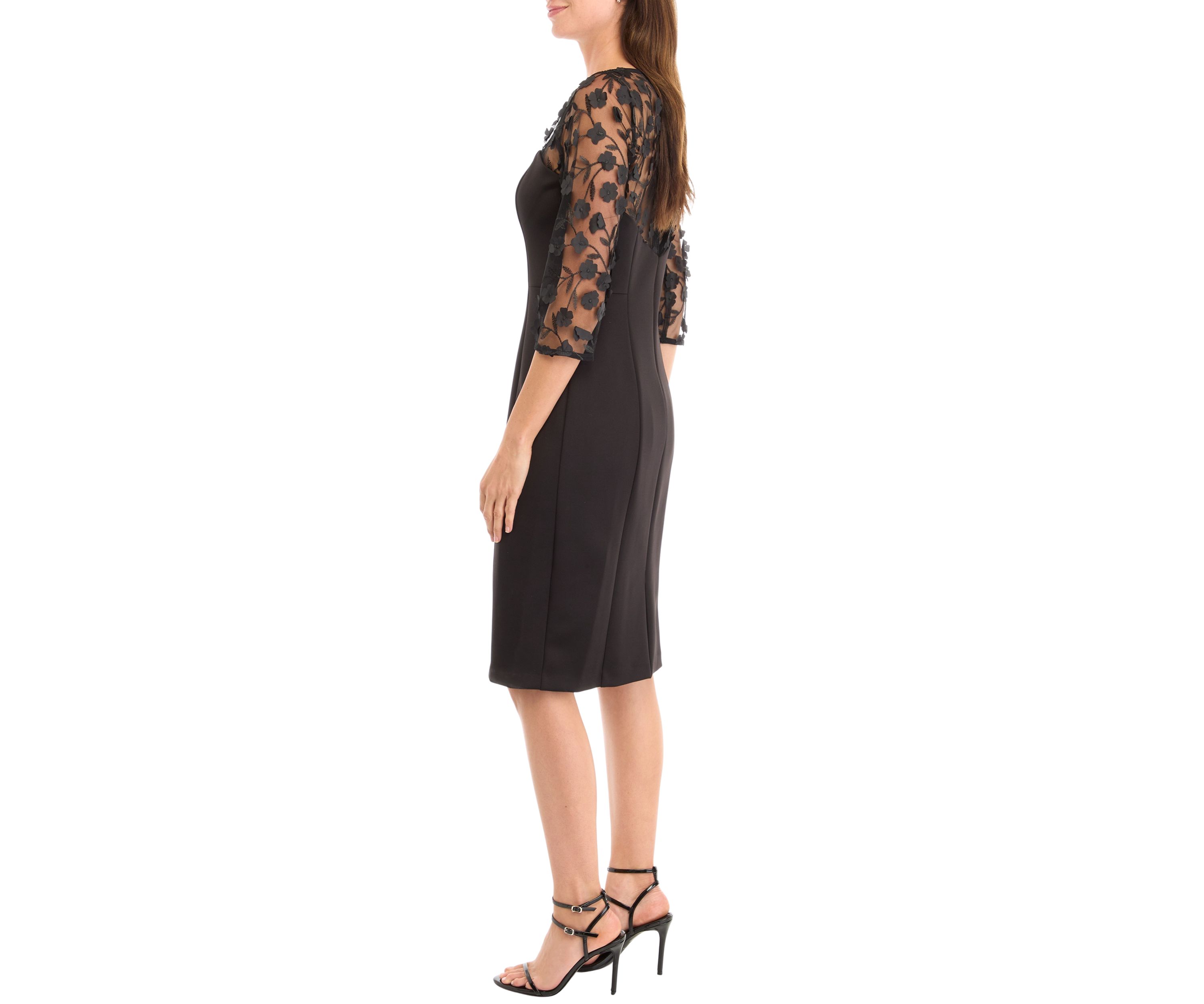 Womens 3/4 Mesh Floral Sleeve Sheath Dress