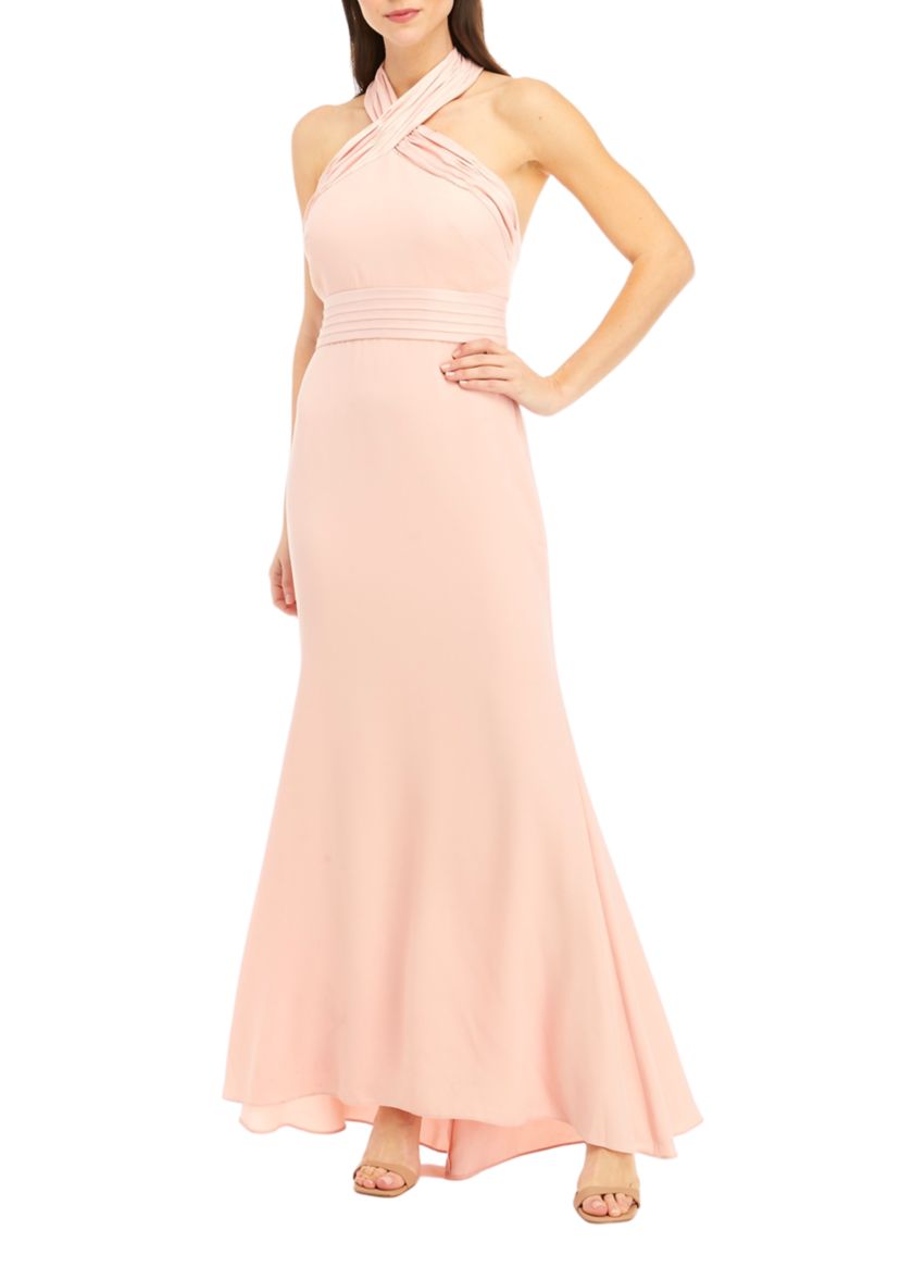 Womens Sleeveless Halter Neck Solid Satin Gown