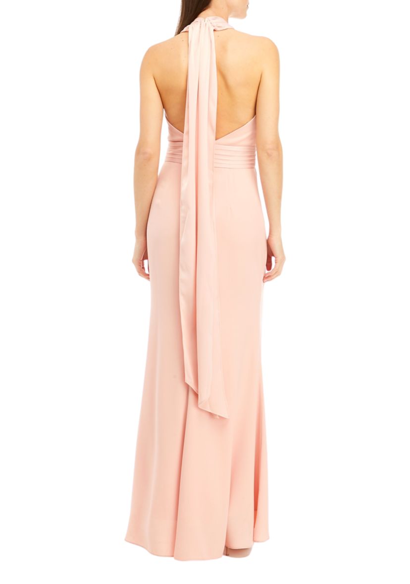 Womens Sleeveless Halter Neck Solid Satin Gown
