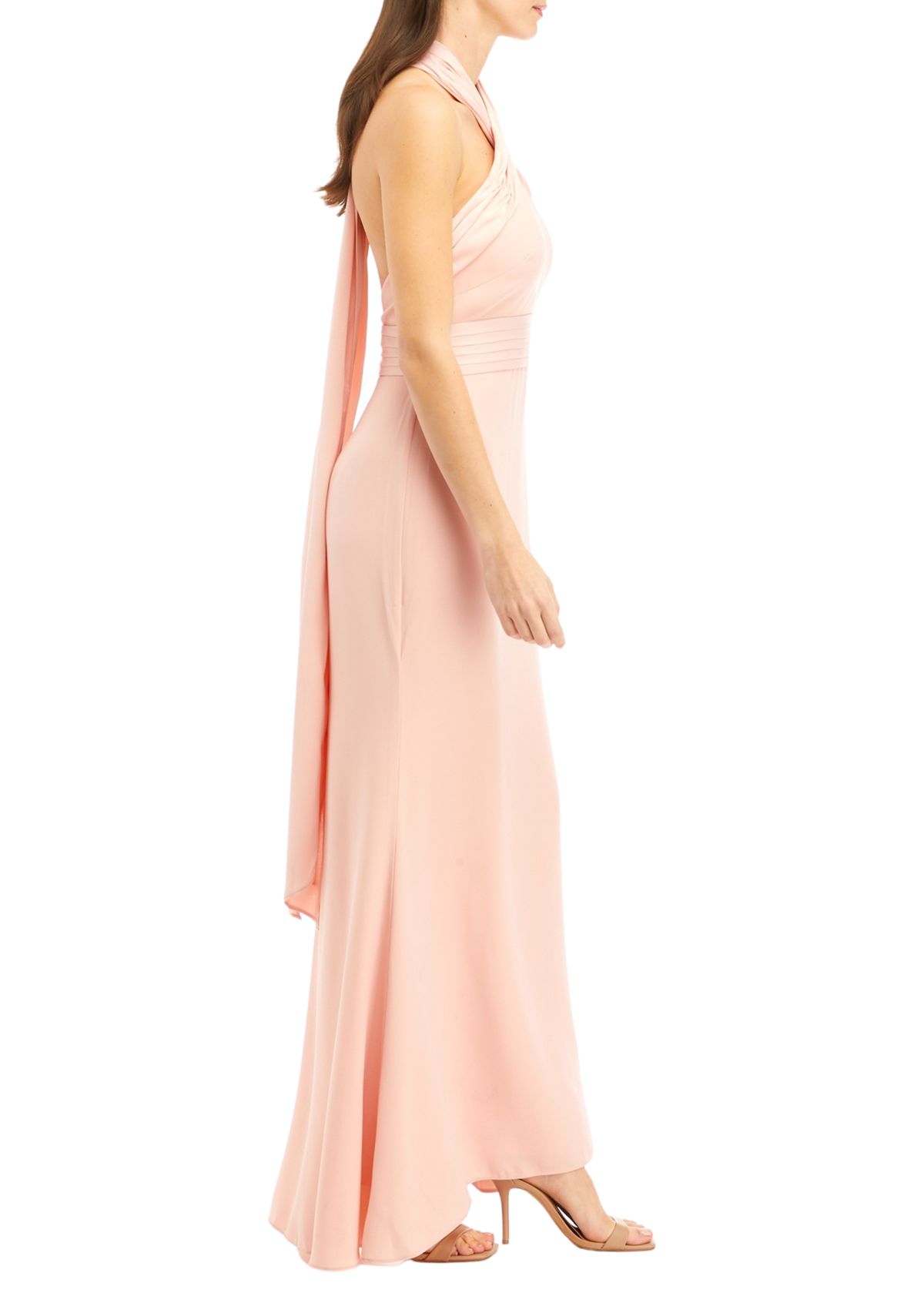 Womens Sleeveless Halter Neck Solid Satin Gown