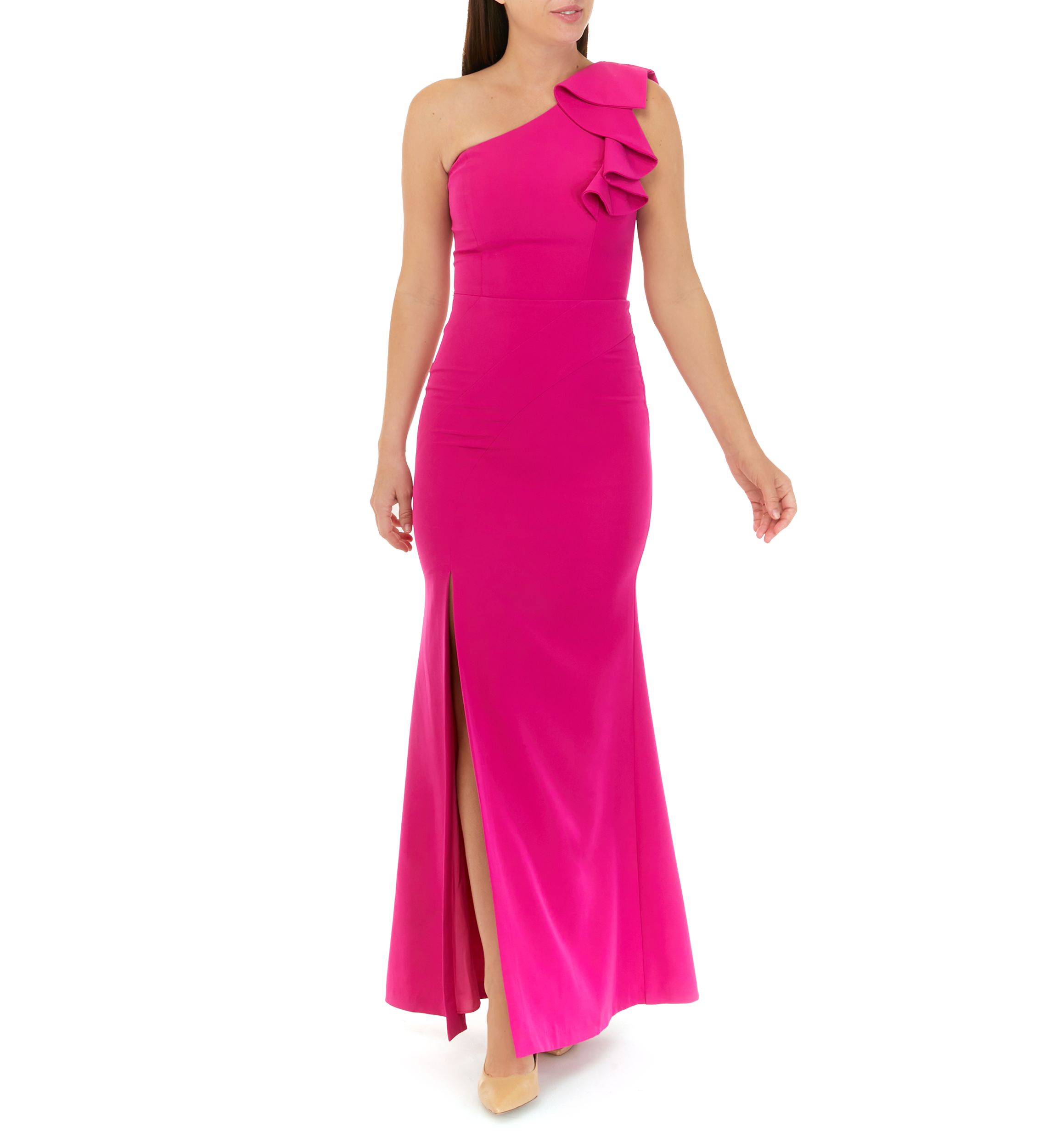 Womens One Shoulder Fitted Ruffle Gown