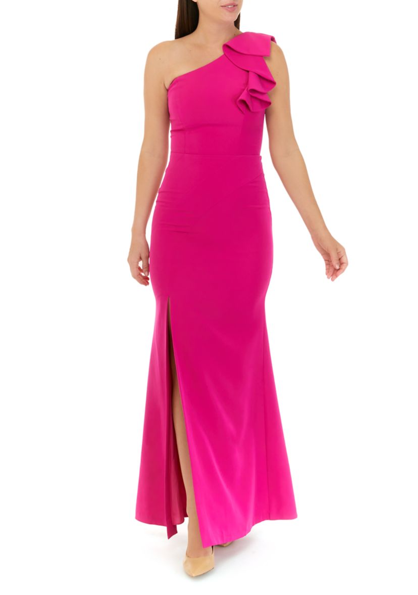 Womens One Shoulder Fitted Ruffle Gown