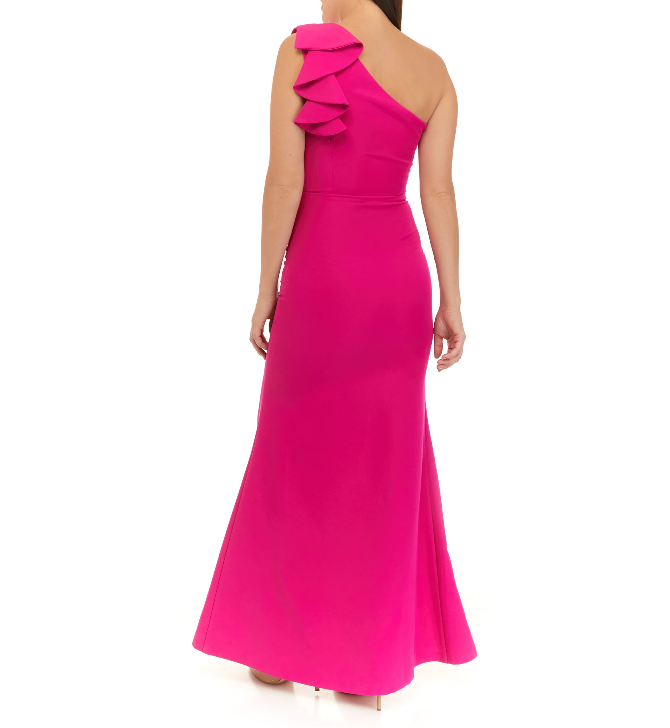Womens One Shoulder Fitted Ruffle Gown