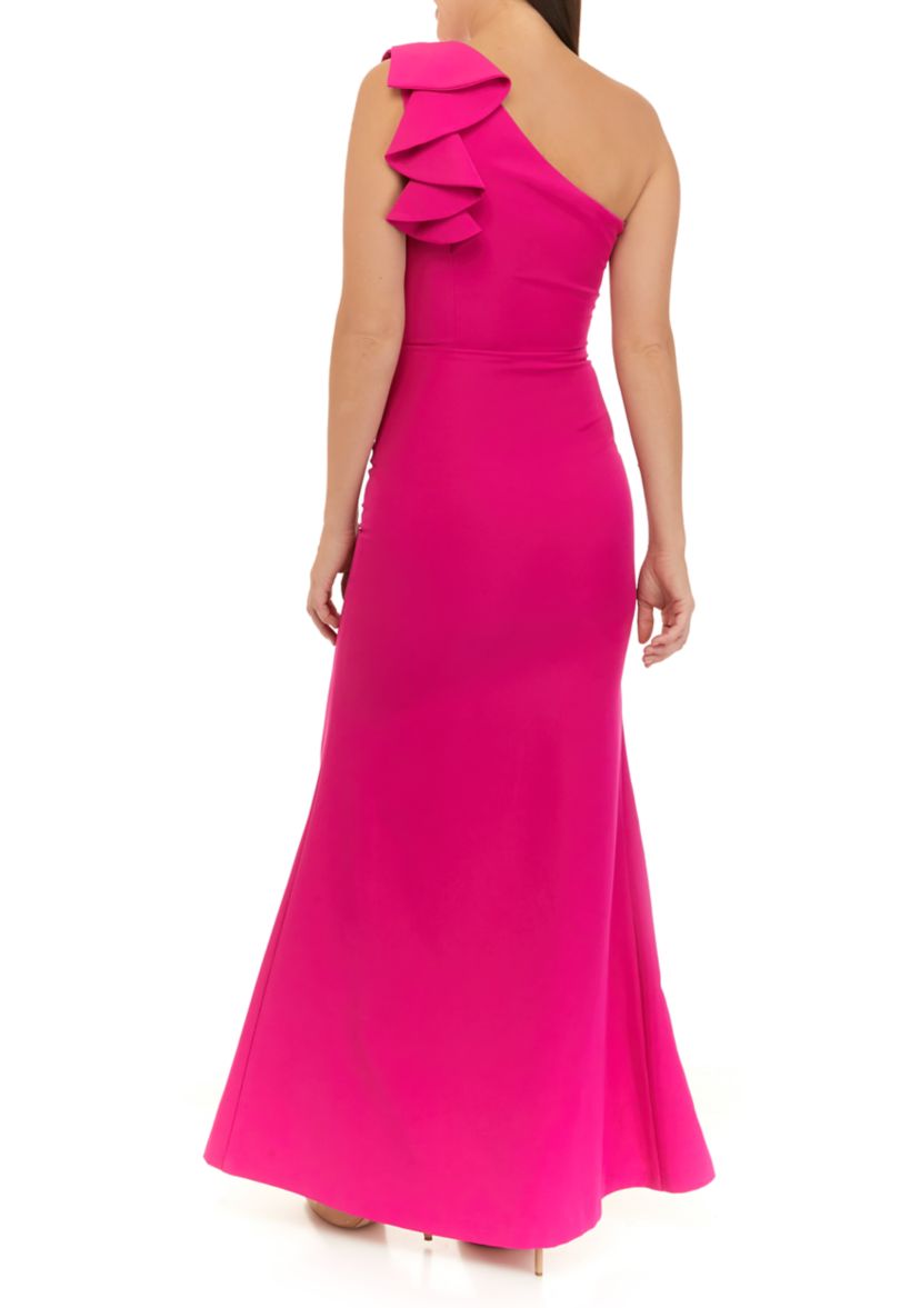 Womens One Shoulder Fitted Ruffle Gown