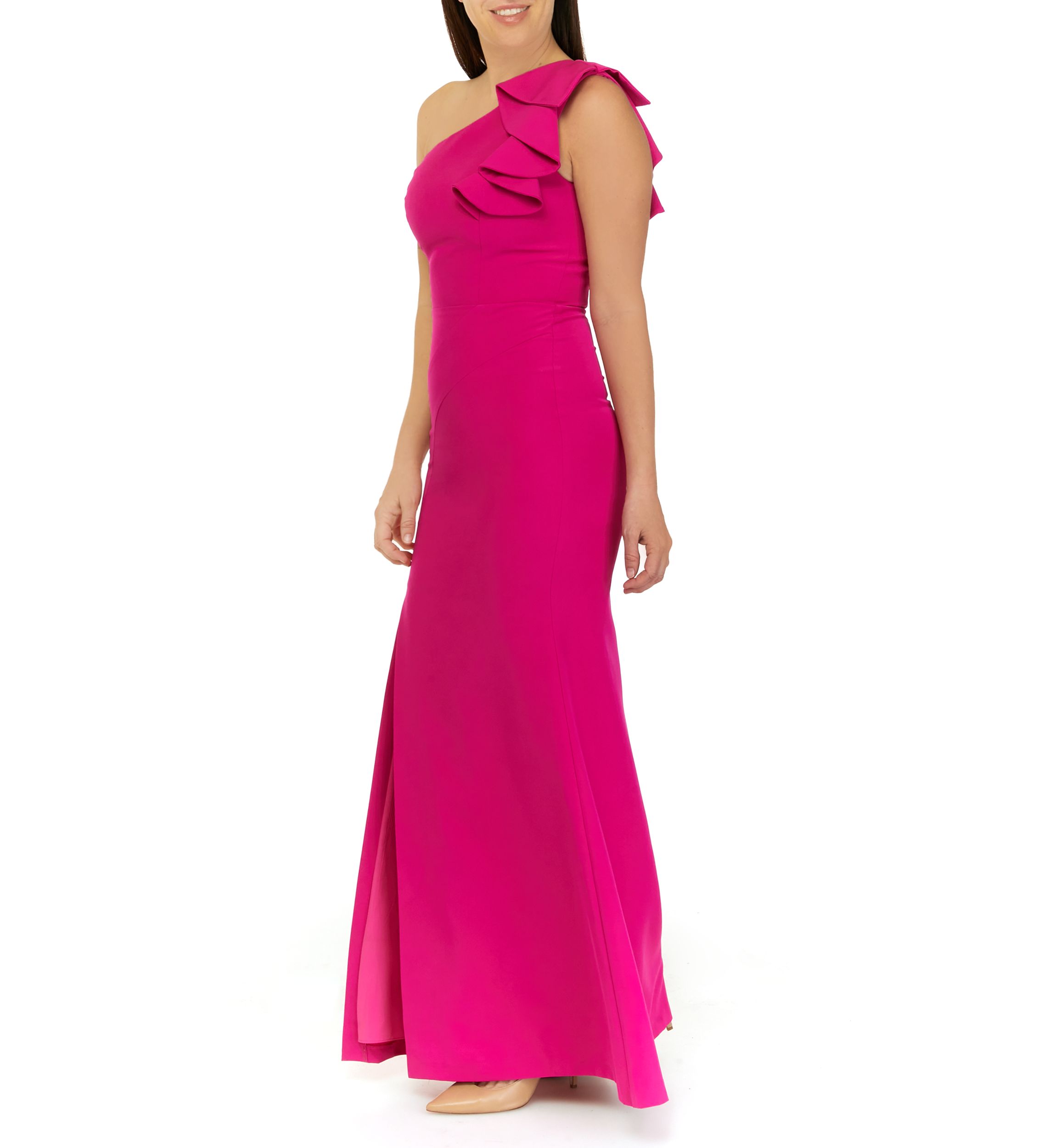 Womens One Shoulder Fitted Ruffle Gown