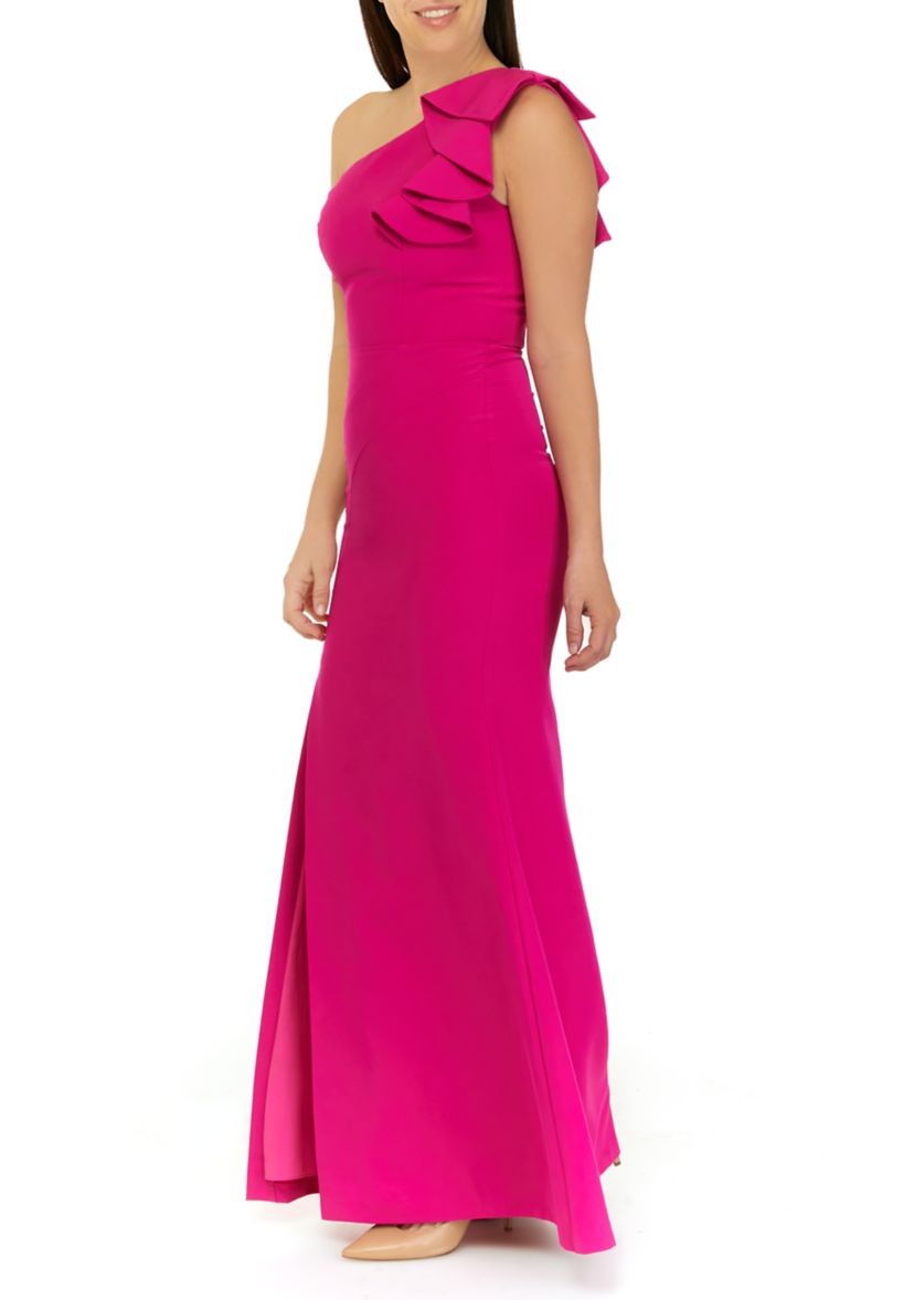 Womens One Shoulder Fitted Ruffle Gown