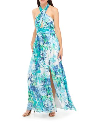Eliza J Women's Halter Neck A-Line Gown with Bodice Cutout & Skirt Slit, Ivory, 8