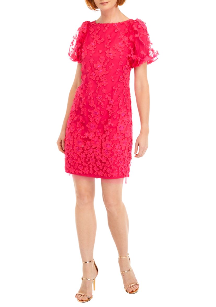 Womens Puff Sleeve Floral Sheath Dress