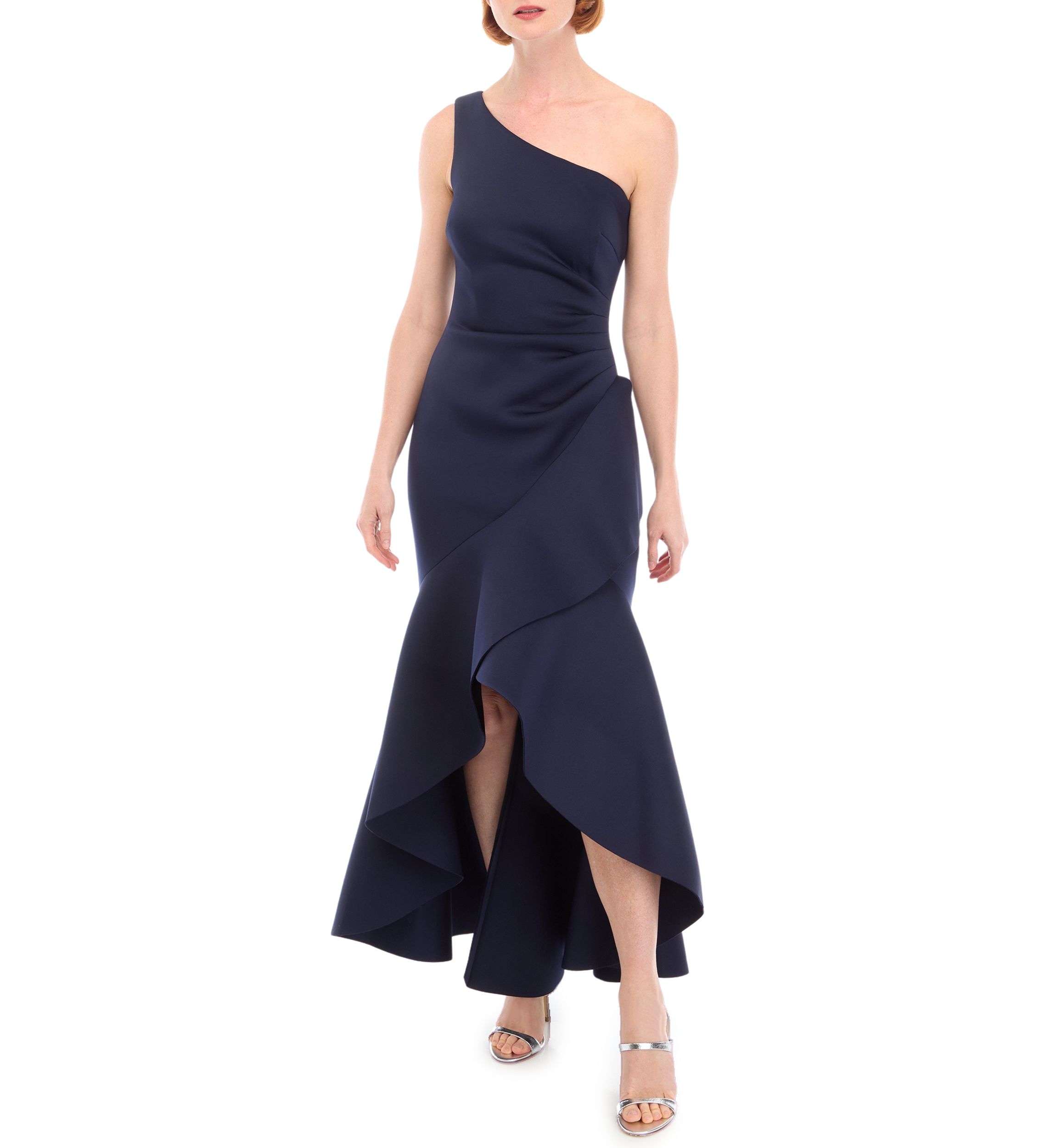 Womens One Shoulder Solid Ruffle Detail Gown