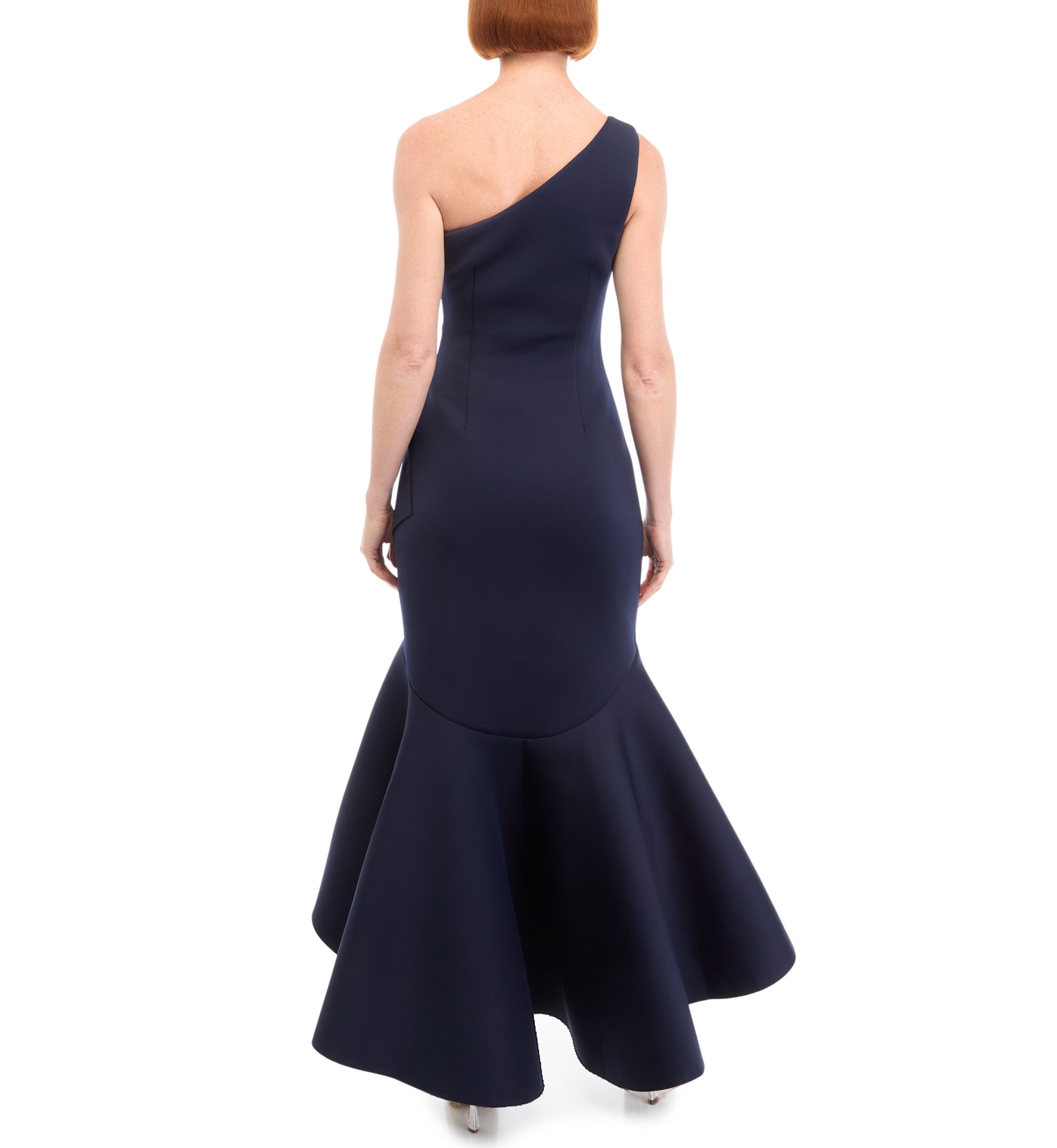 Womens One Shoulder Solid Ruffle Detail Gown