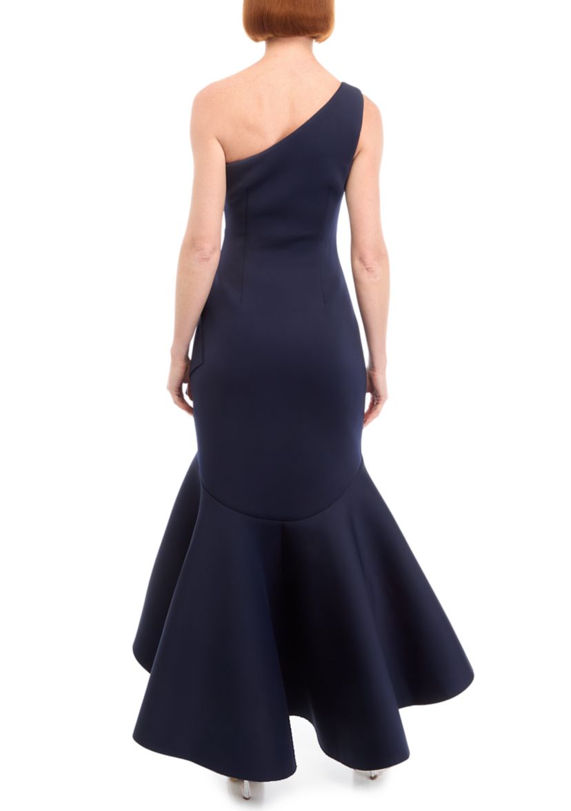 Womens One Shoulder Solid Ruffle Detail Gown