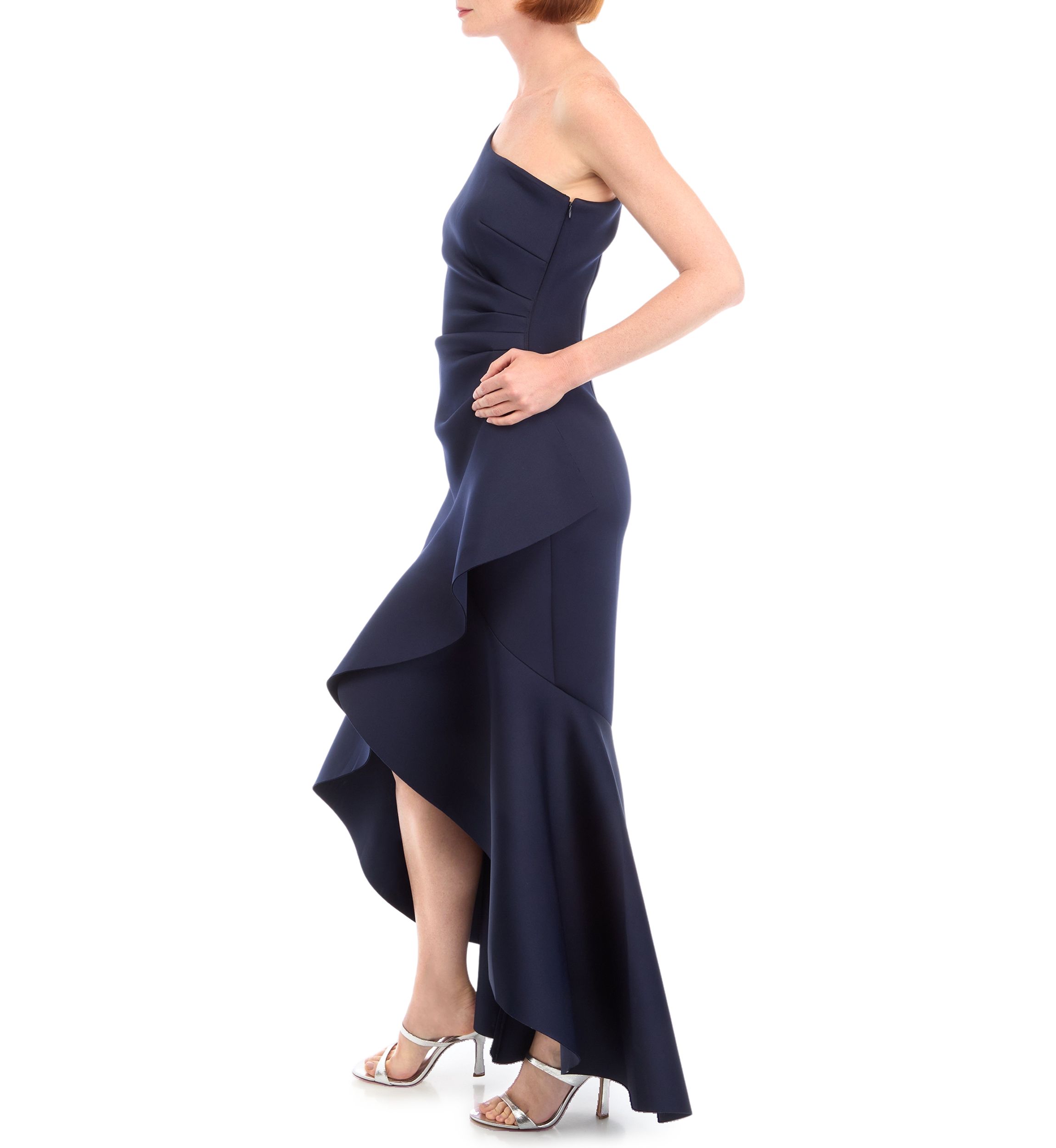 Womens One Shoulder Solid Ruffle Detail Gown