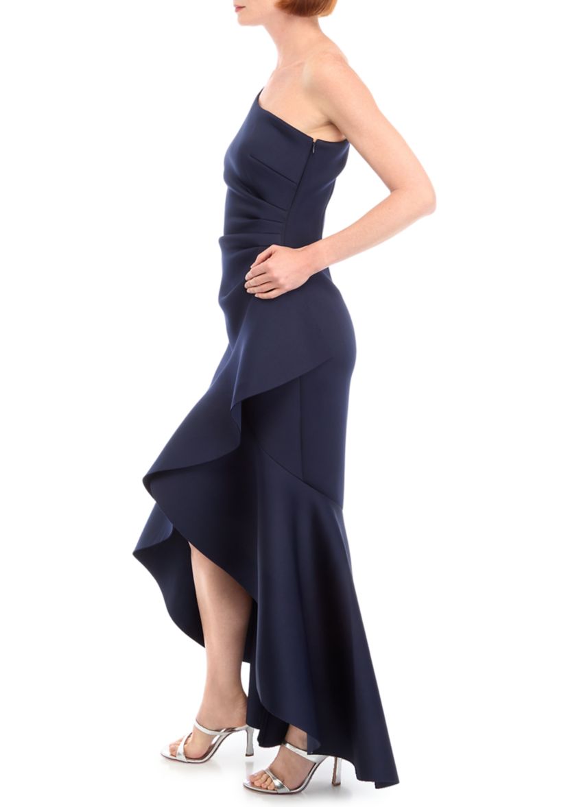 Womens One Shoulder Solid Ruffle Detail Gown