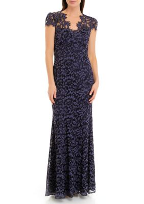 Eliza J Women's Cap Sleeve Square Neck Lace Sheath Gown