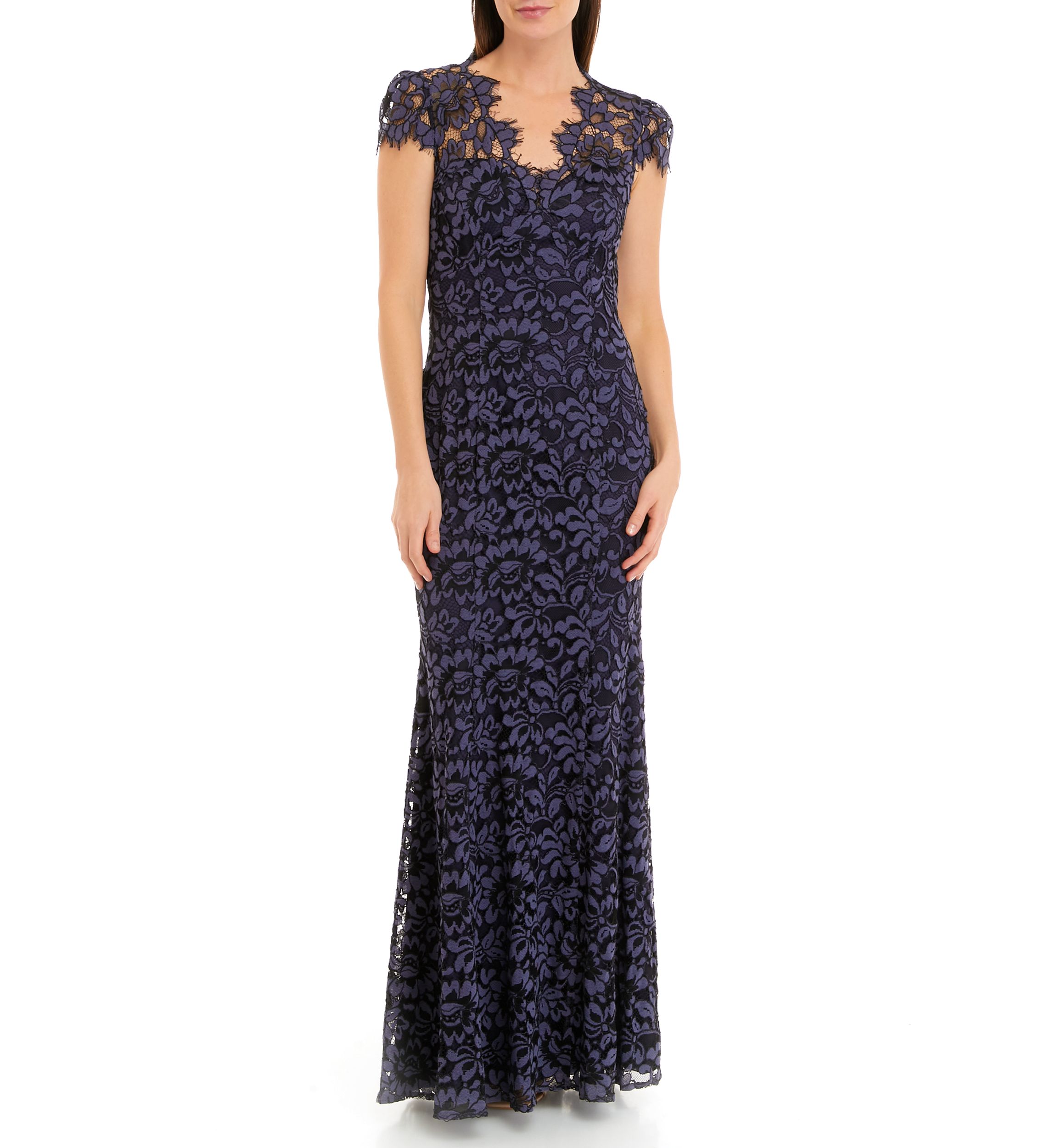 Cap Sleeve Square Neck Lace Sheath Gown