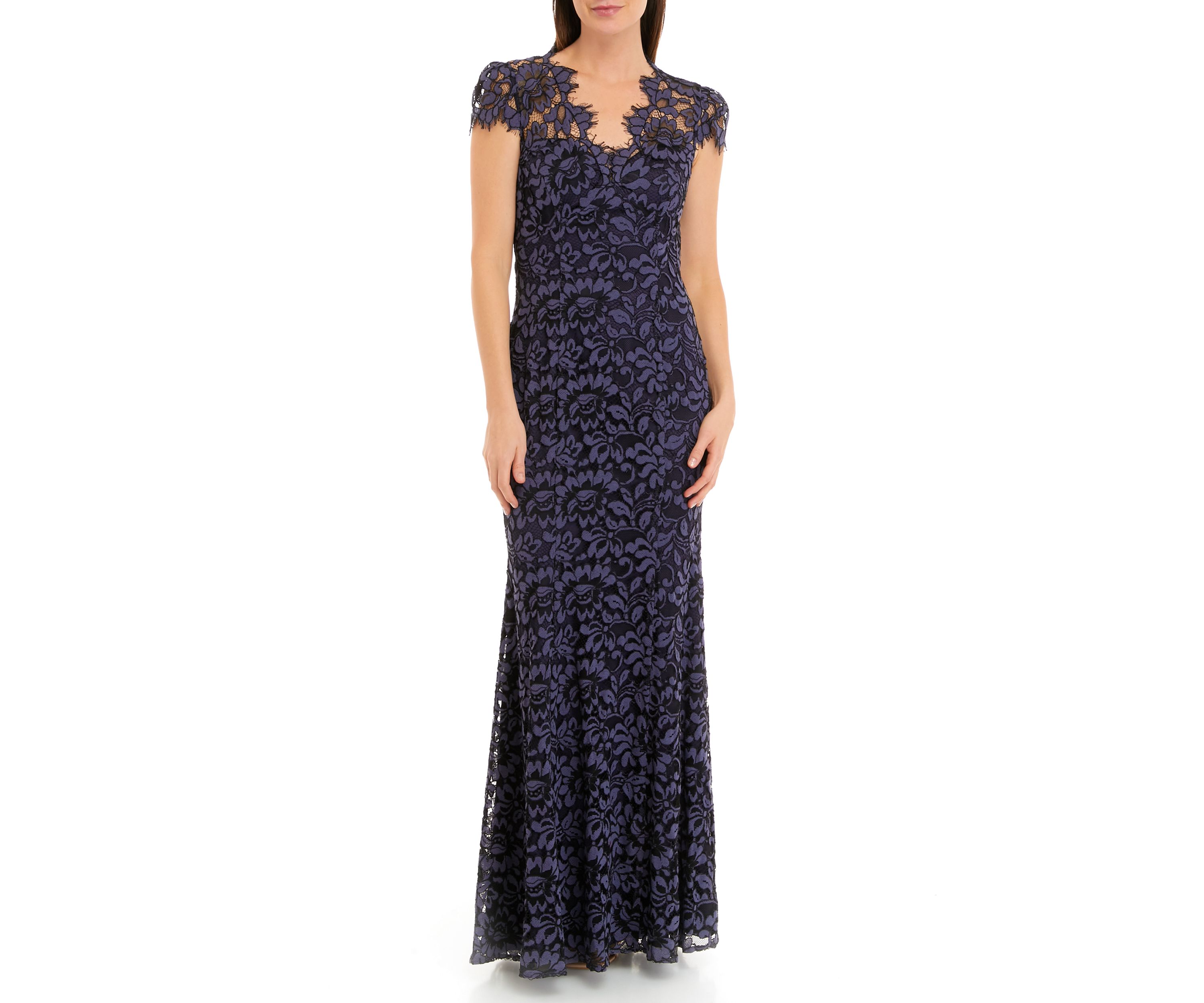 Cap Sleeve Square Neck Lace Sheath Gown