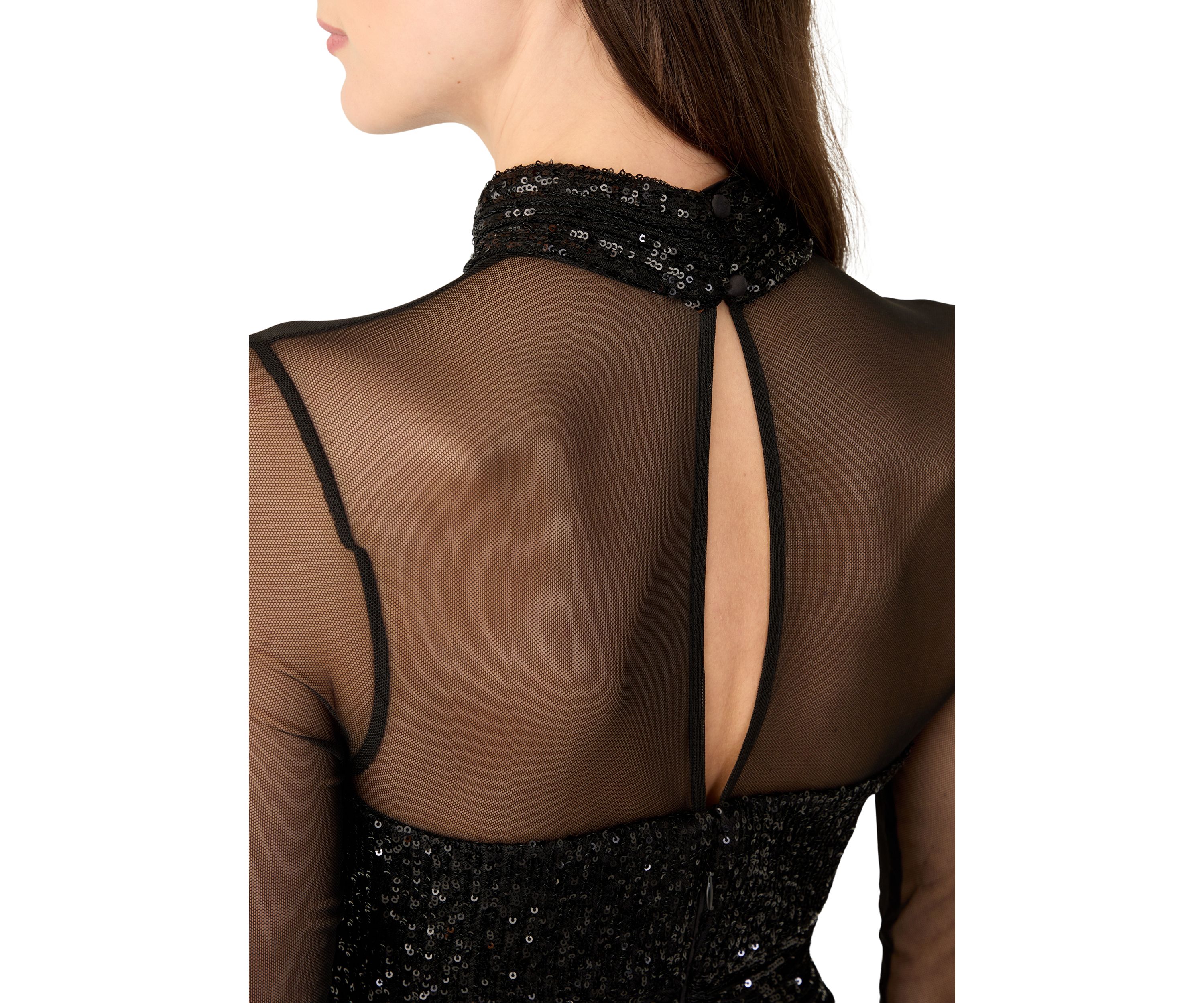 Womens Long Sleeve Mesh Mock Neck Sequin Sheath Dress