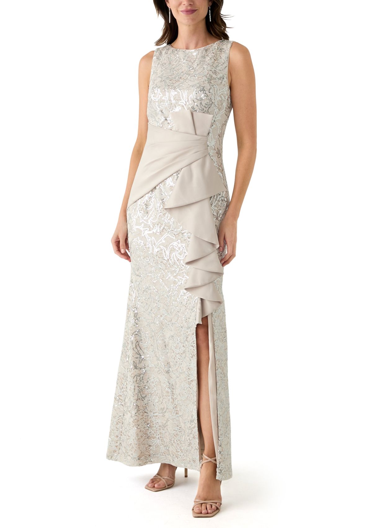 Womens Sleeveless Crew Neck Solid Embellished Gown