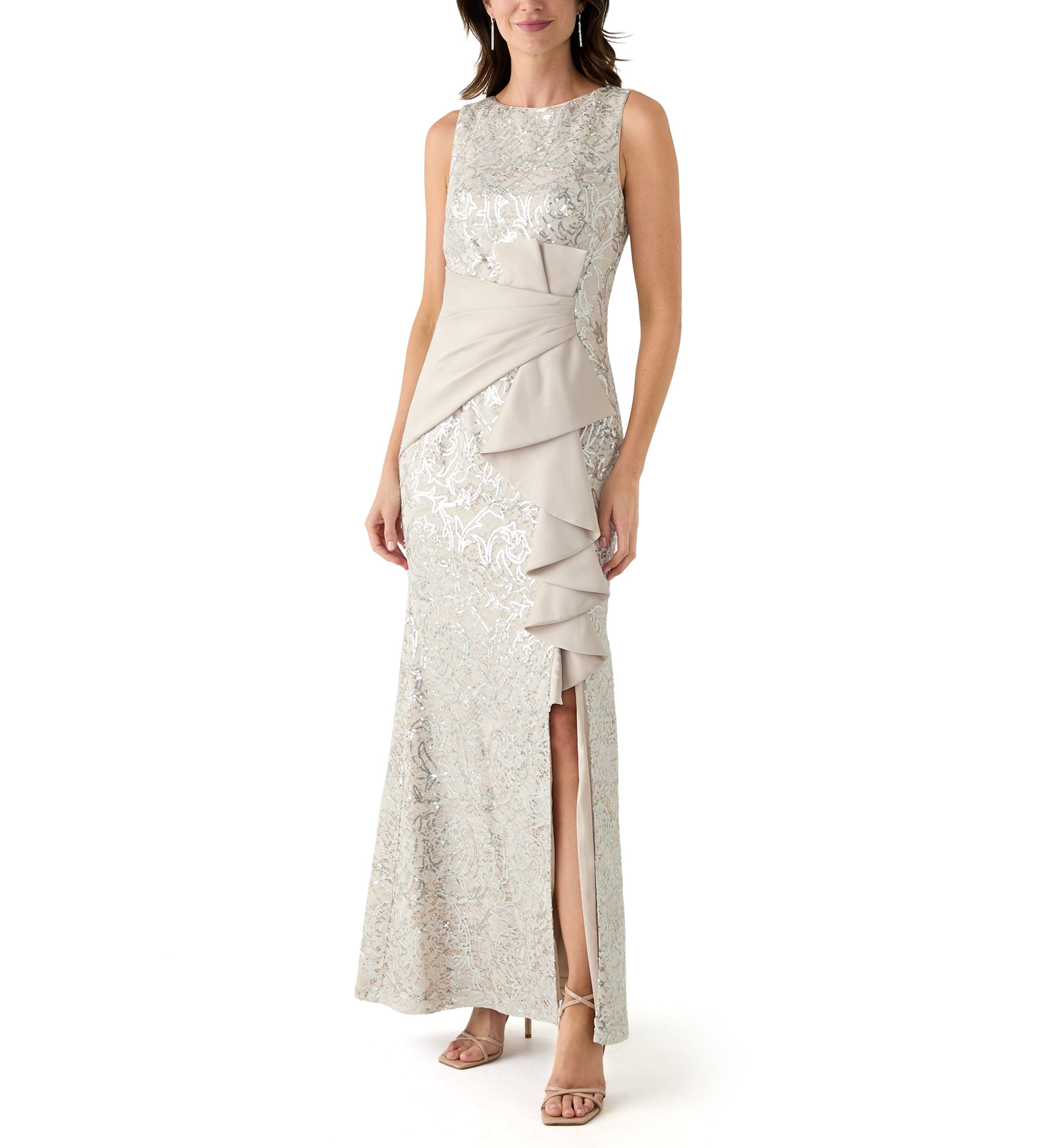 Womens Sleeveless Crew Neck Solid Embellished Gown