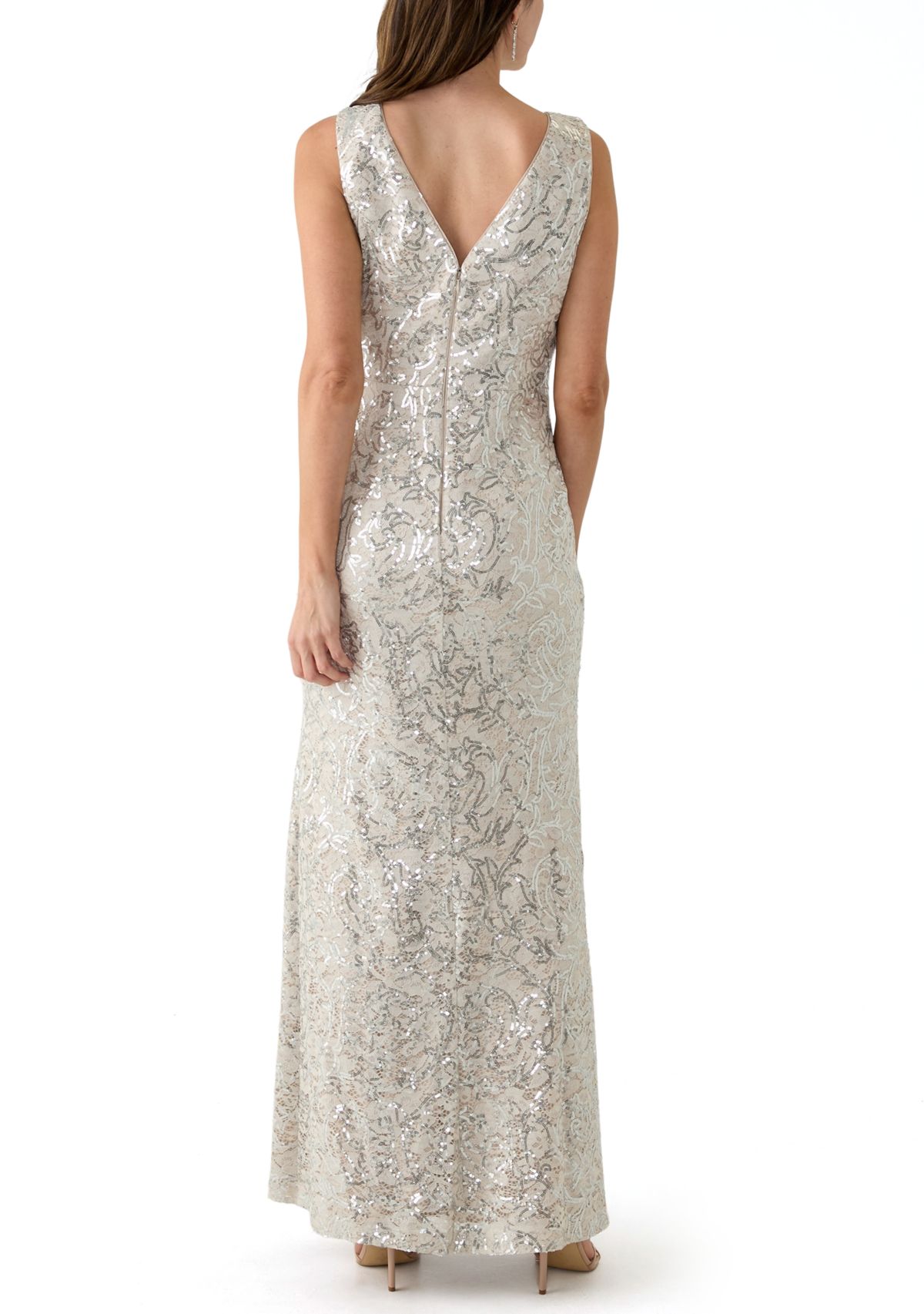 Womens Sleeveless Crew Neck Solid Embellished Gown