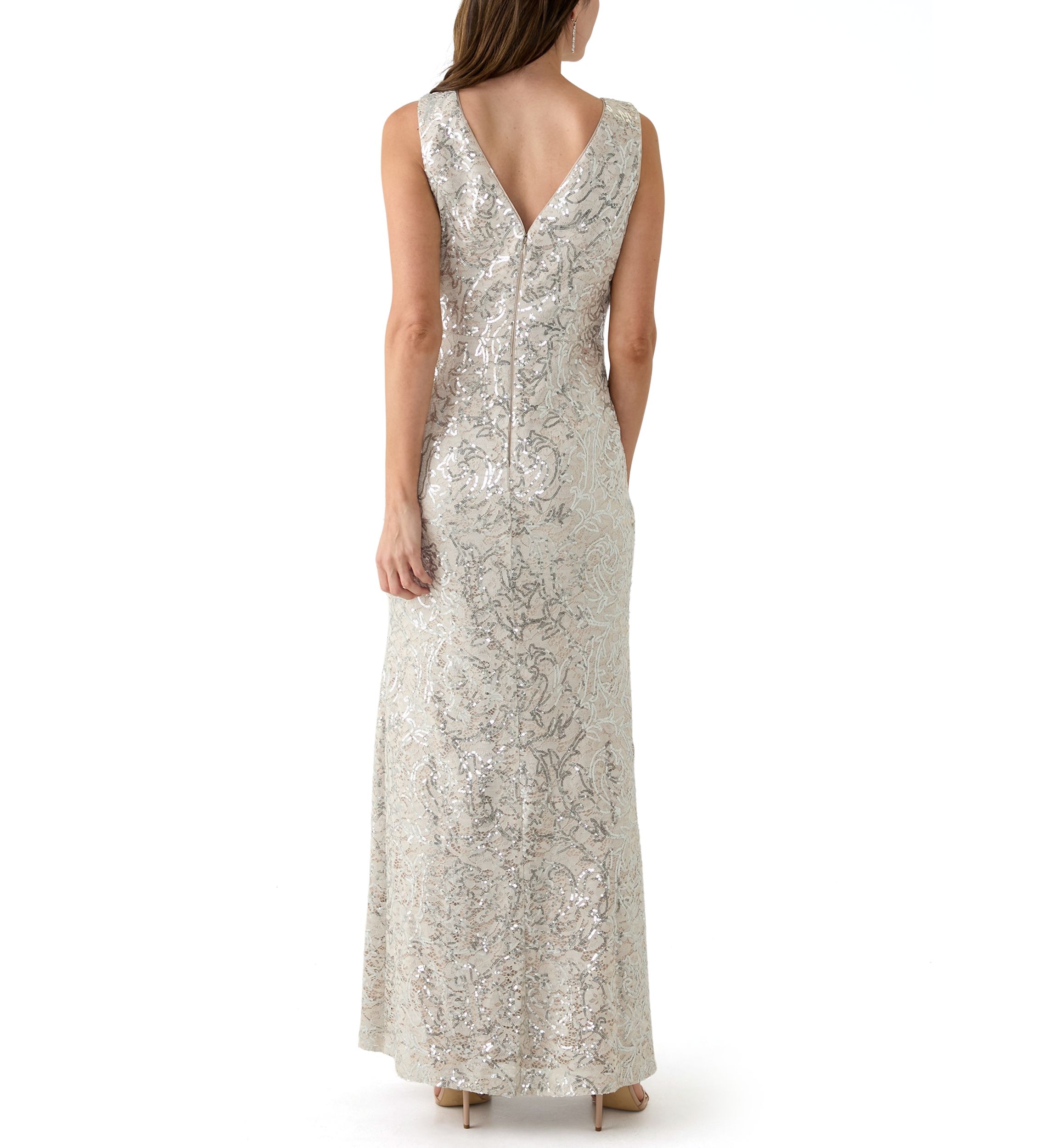 Womens Sleeveless Crew Neck Solid Embellished Gown