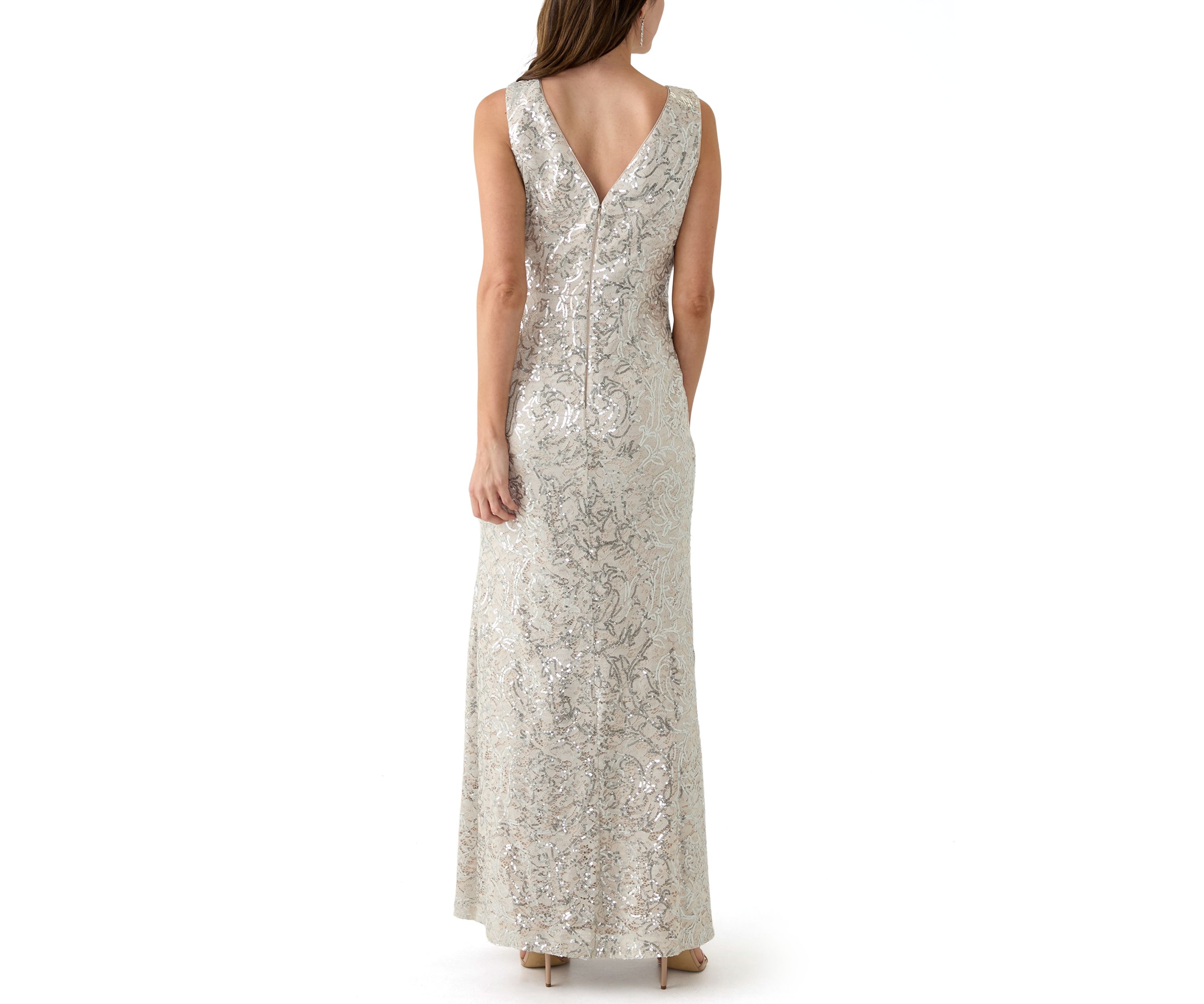 Womens Sleeveless Crew Neck Solid Embellished Gown