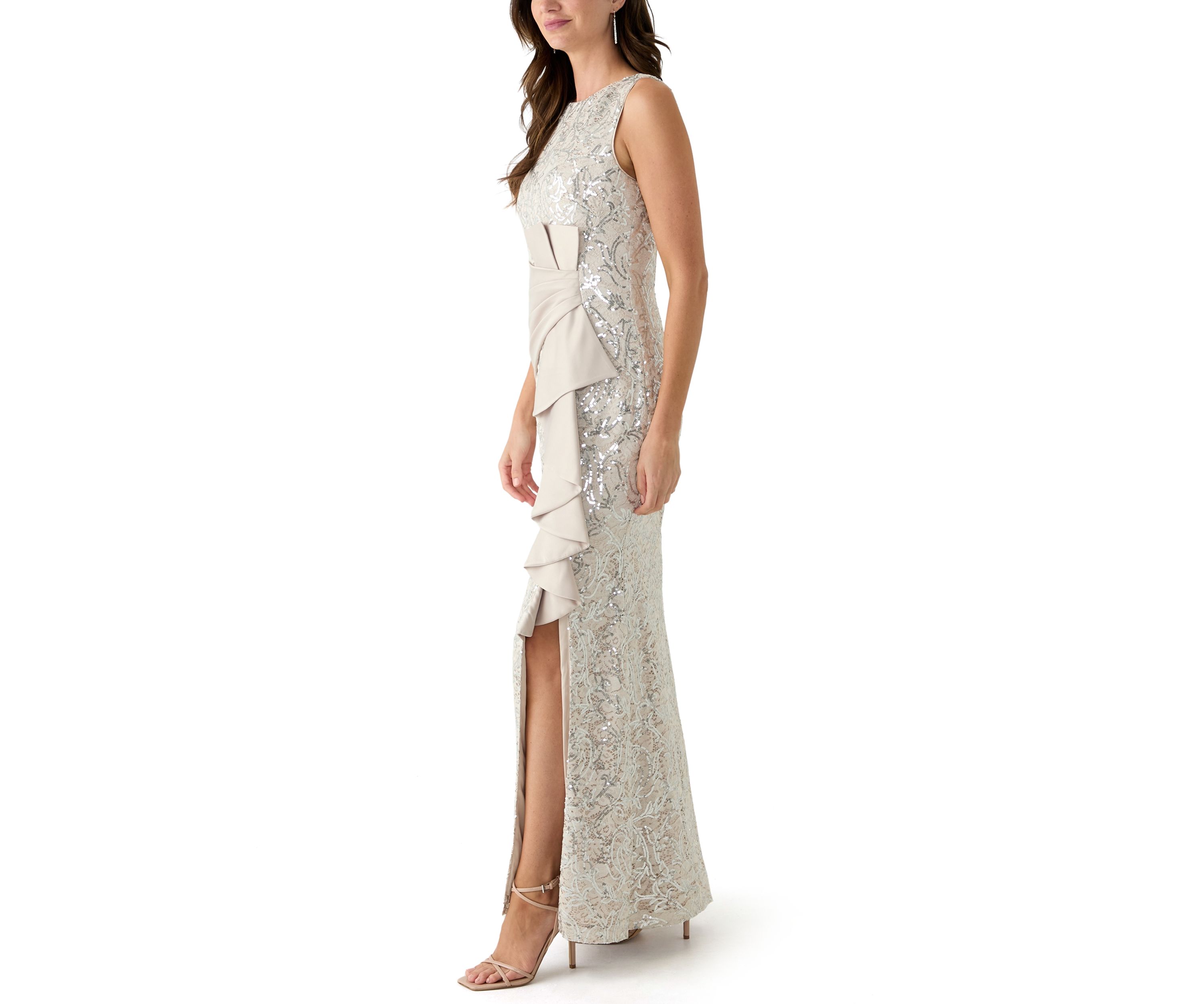 Womens Sleeveless Crew Neck Solid Embellished Gown