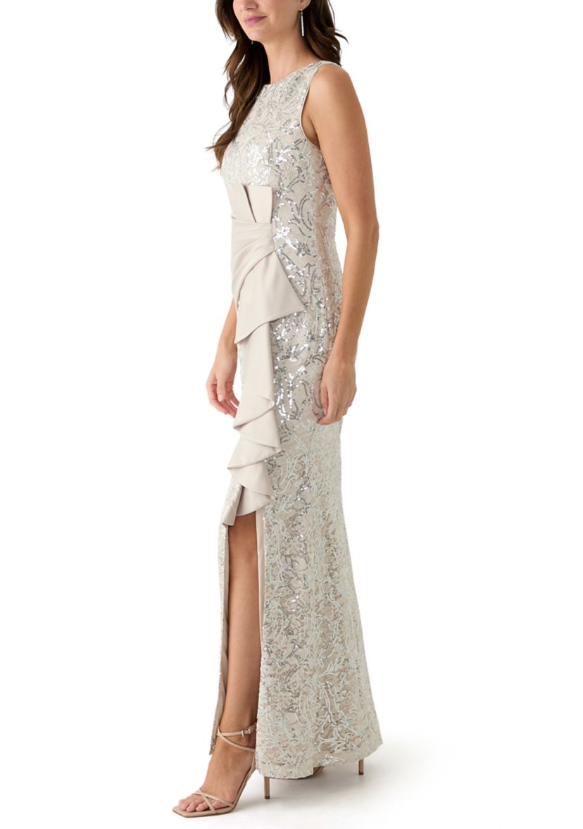 Womens Sleeveless Crew Neck Solid Embellished Gown