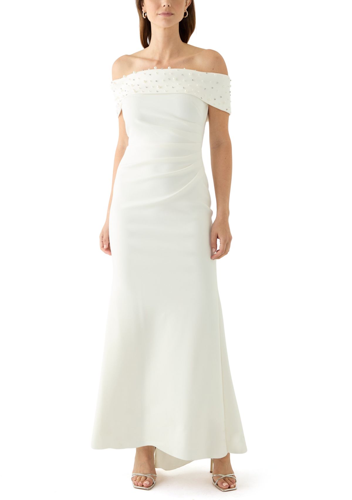 Womens Sleeveless Off the Shoulder Scuba Gown 