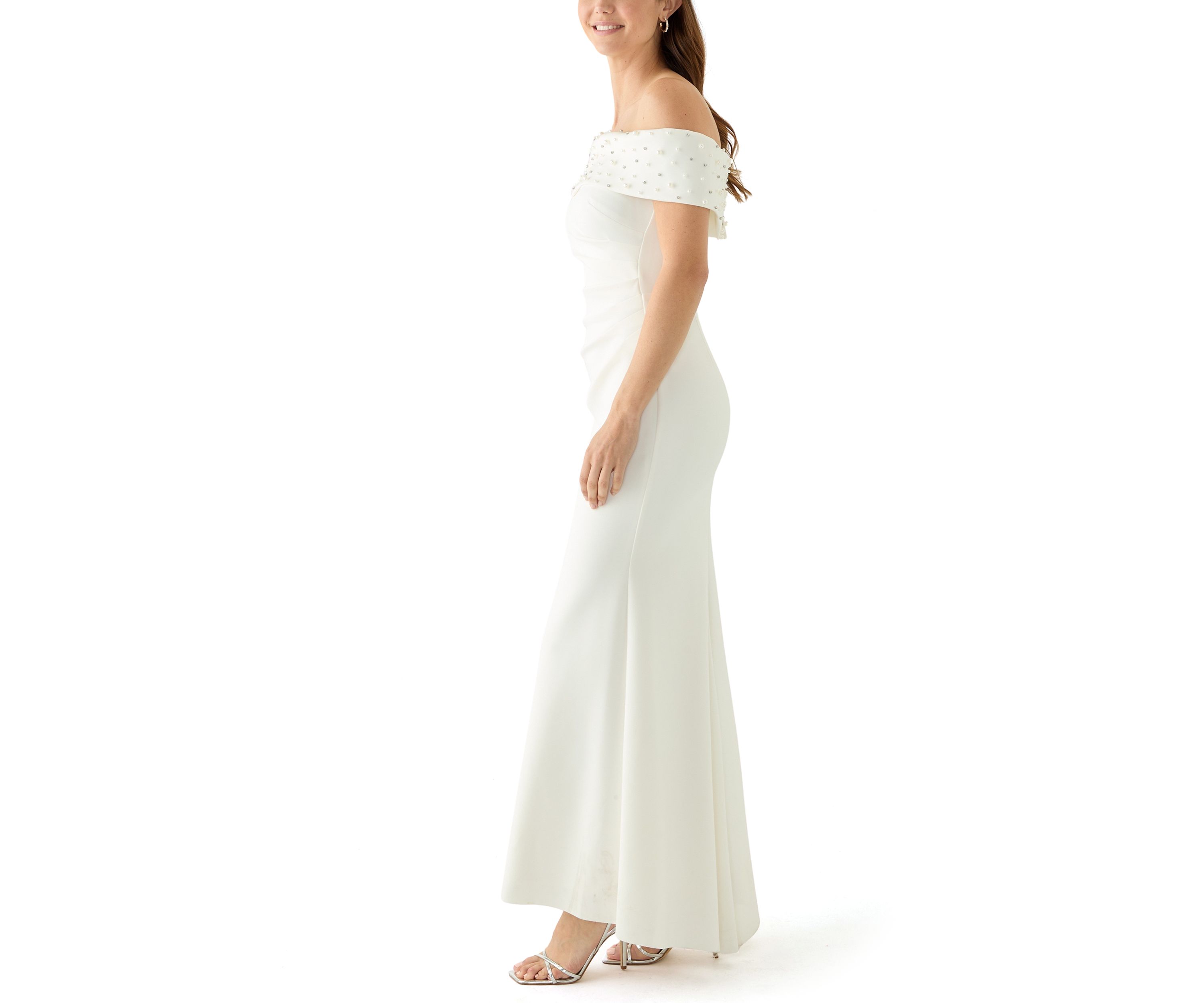Womens Sleeveless Off the Shoulder Scuba Gown 