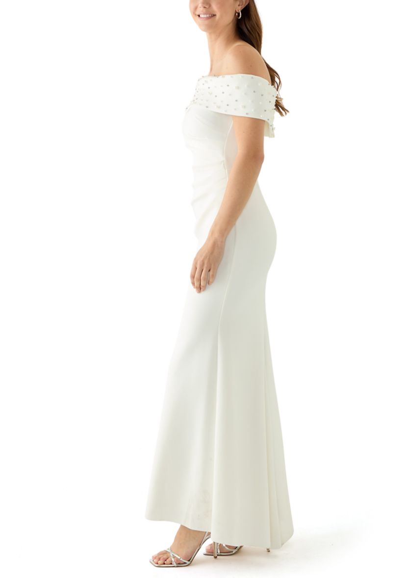 Womens Sleeveless Off the Shoulder Scuba Gown 