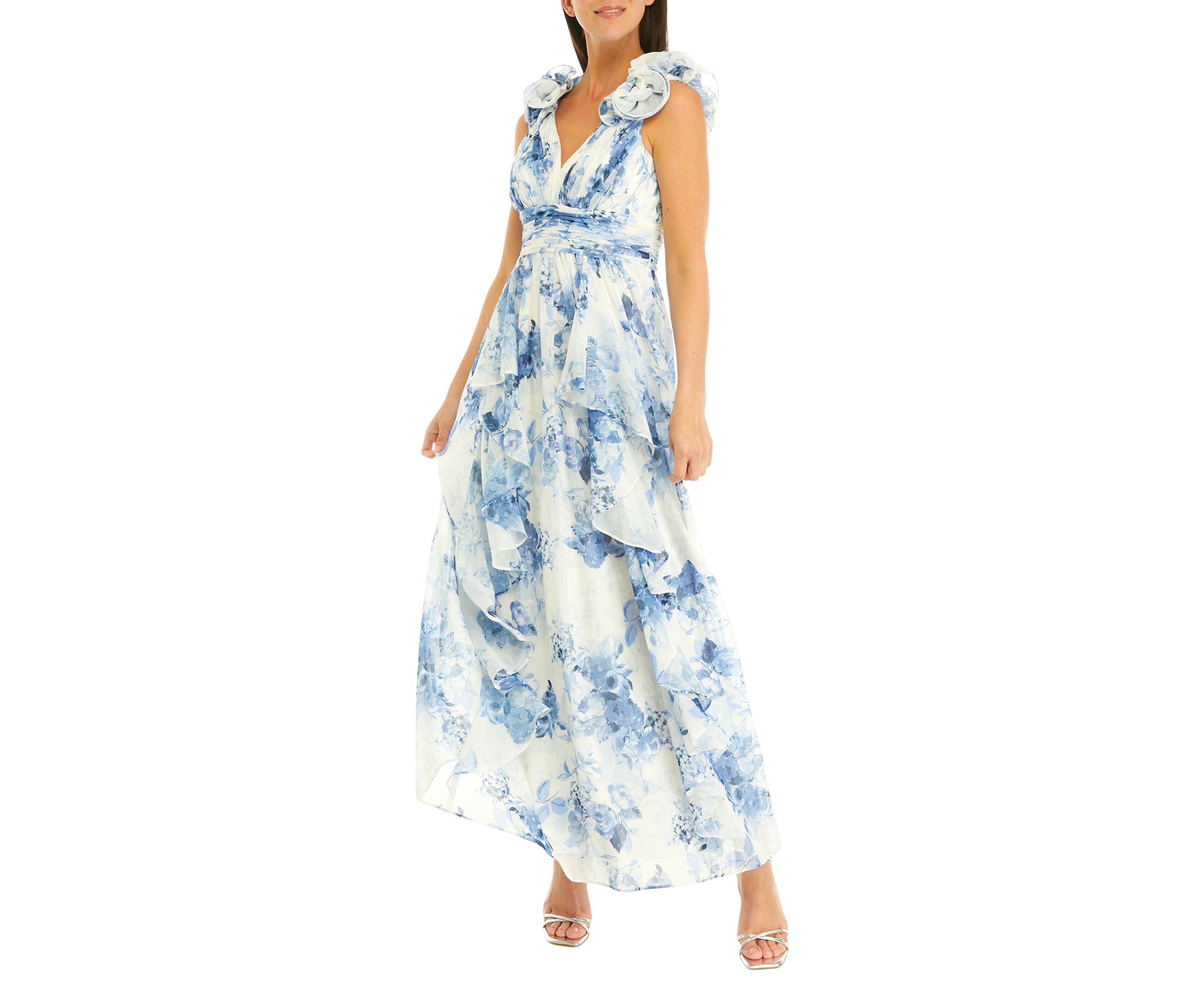 Womens V-Neck Sleeveless Ruffle Detail Fit and Flare Gown
