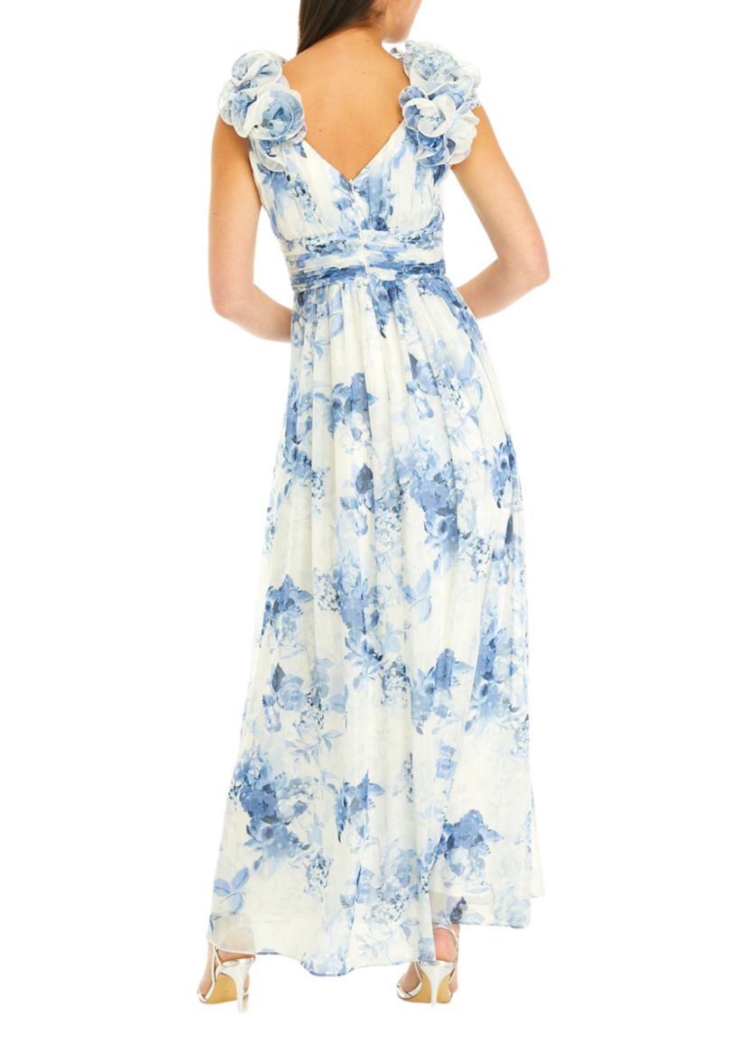 Womens V-Neck Sleeveless Ruffle Detail Fit and Flare Gown