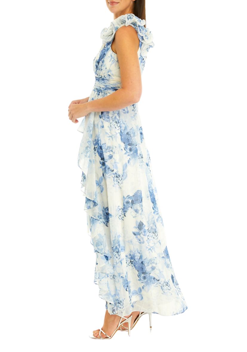Womens V-Neck Sleeveless Ruffle Detail Fit and Flare Gown